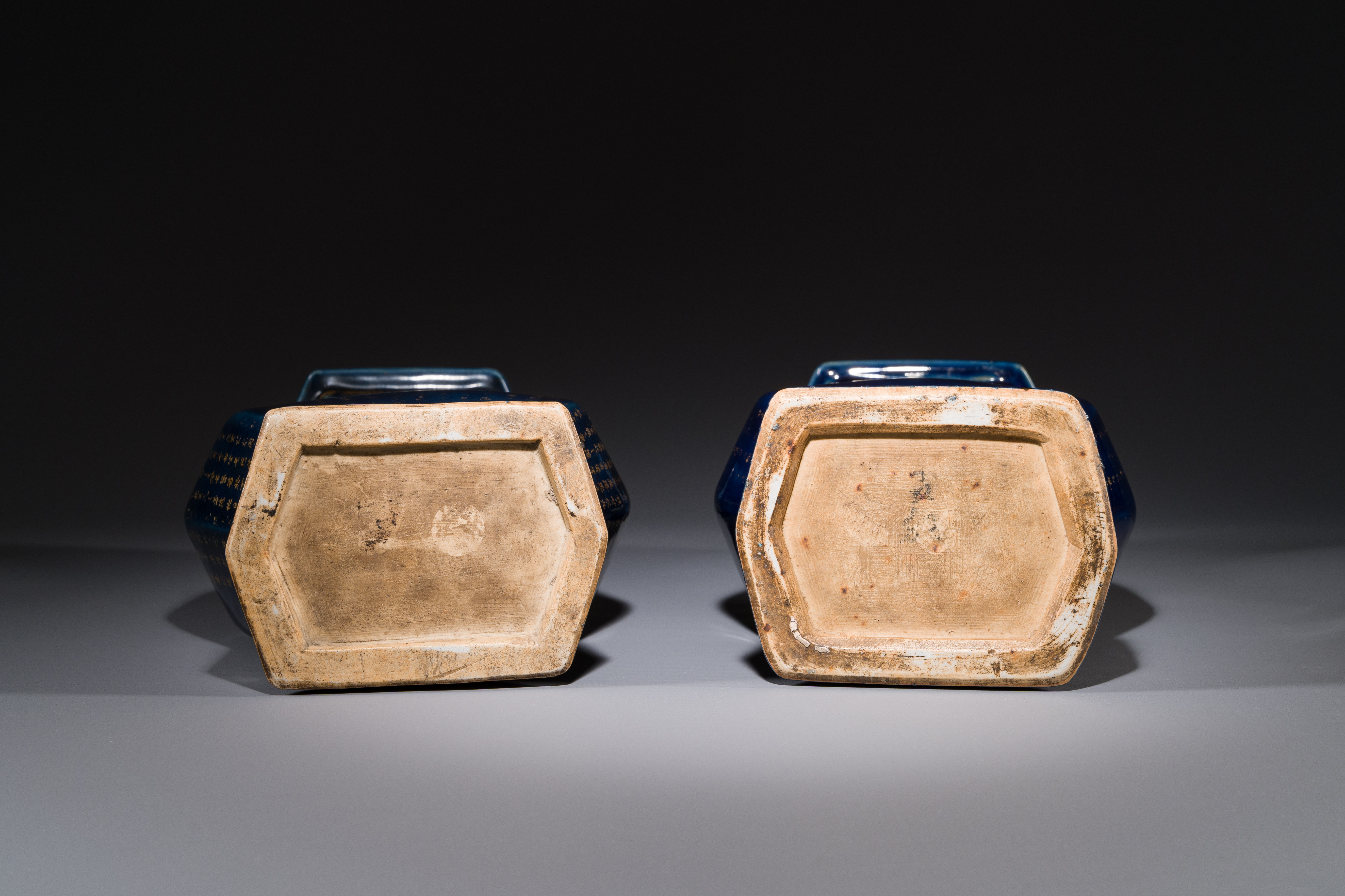 Pair of Chinese gilt-decorated powder-blue vases, Qianlong - Image 4 of 4