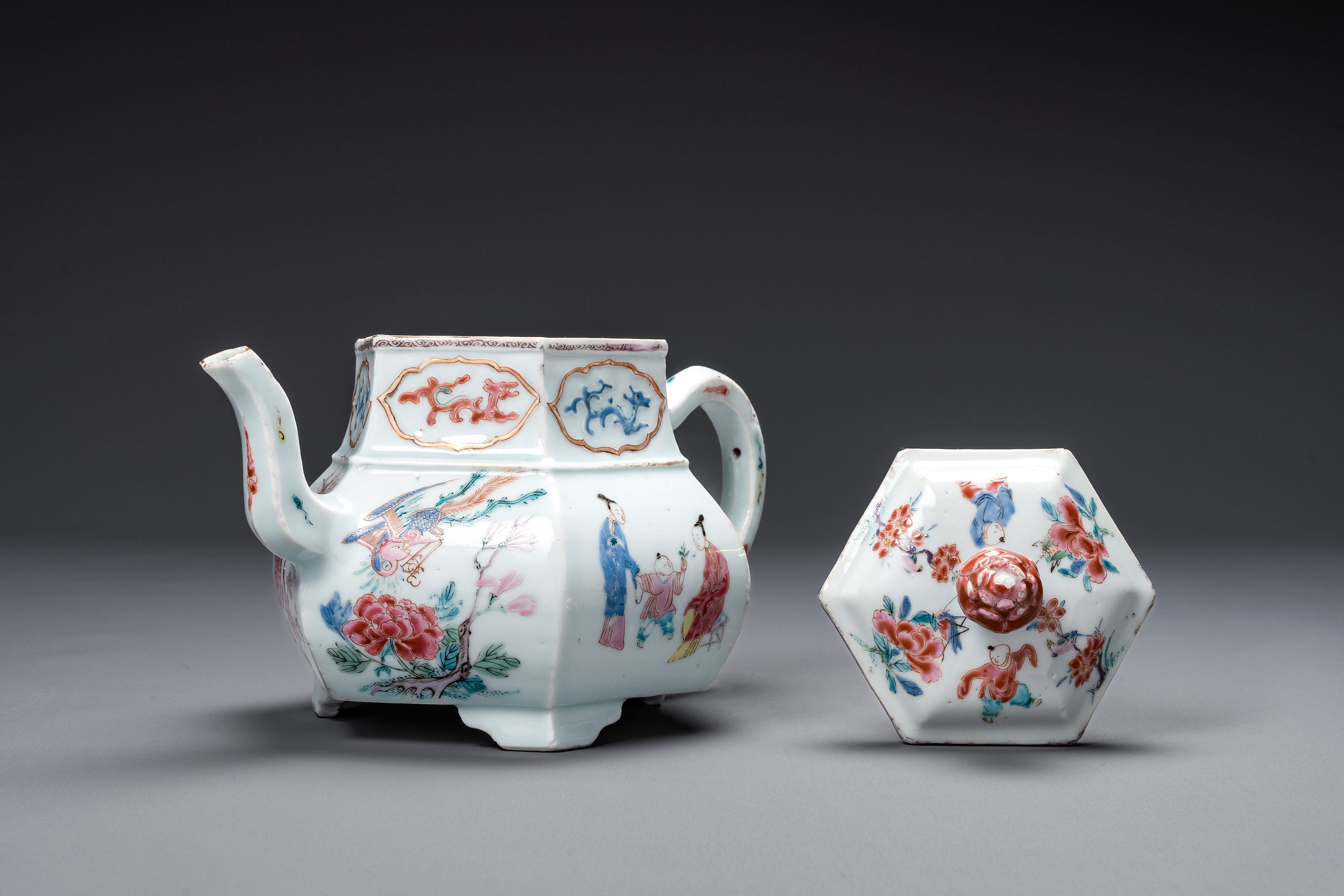 An exceptional large hexagonal Chinese famille rose teapot and cover, Yongzheng - Image 5 of 6
