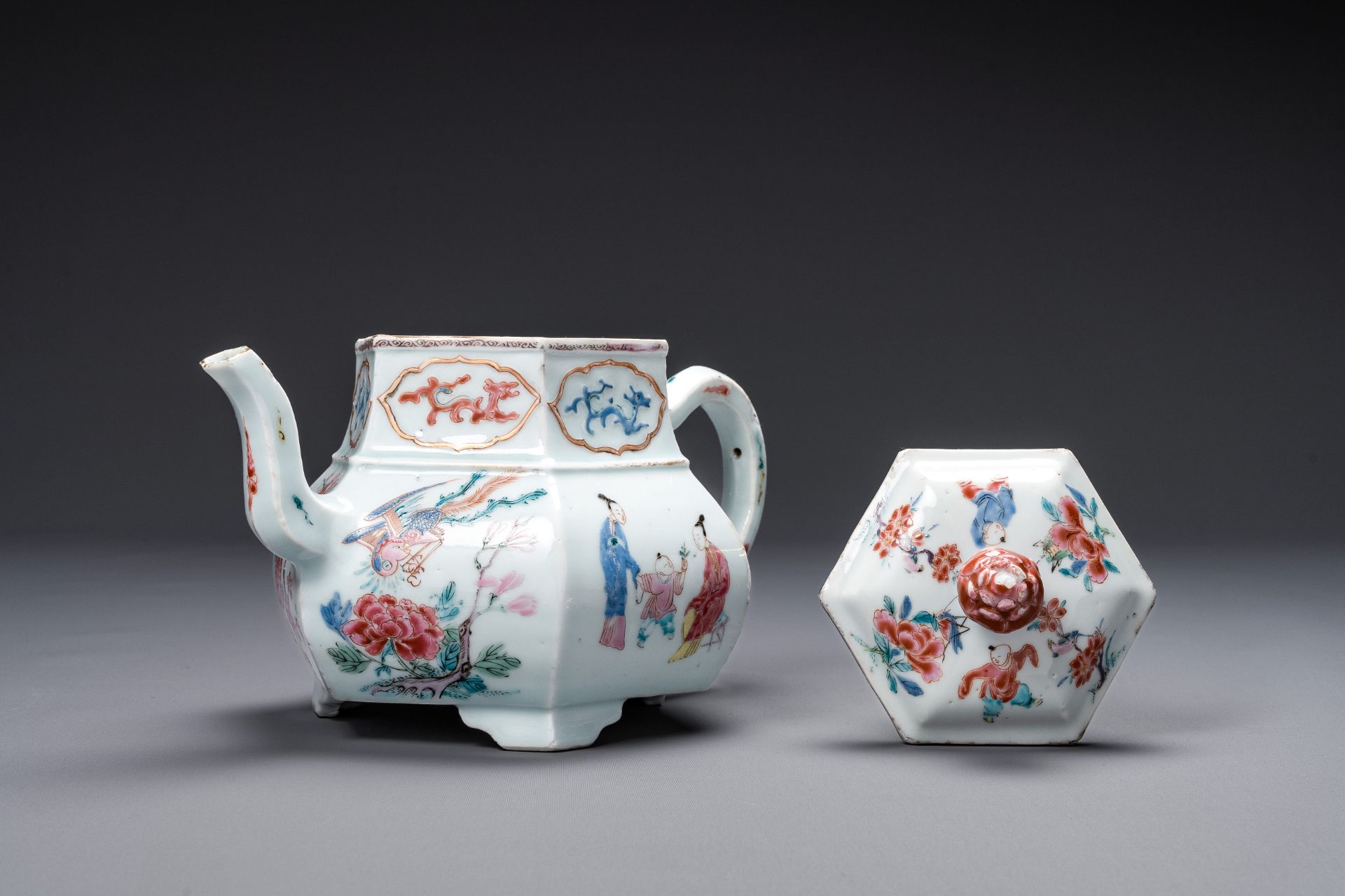 An exceptional large hexagonal Chinese famille rose teapot and cover, Yongzheng - Image 5 of 6