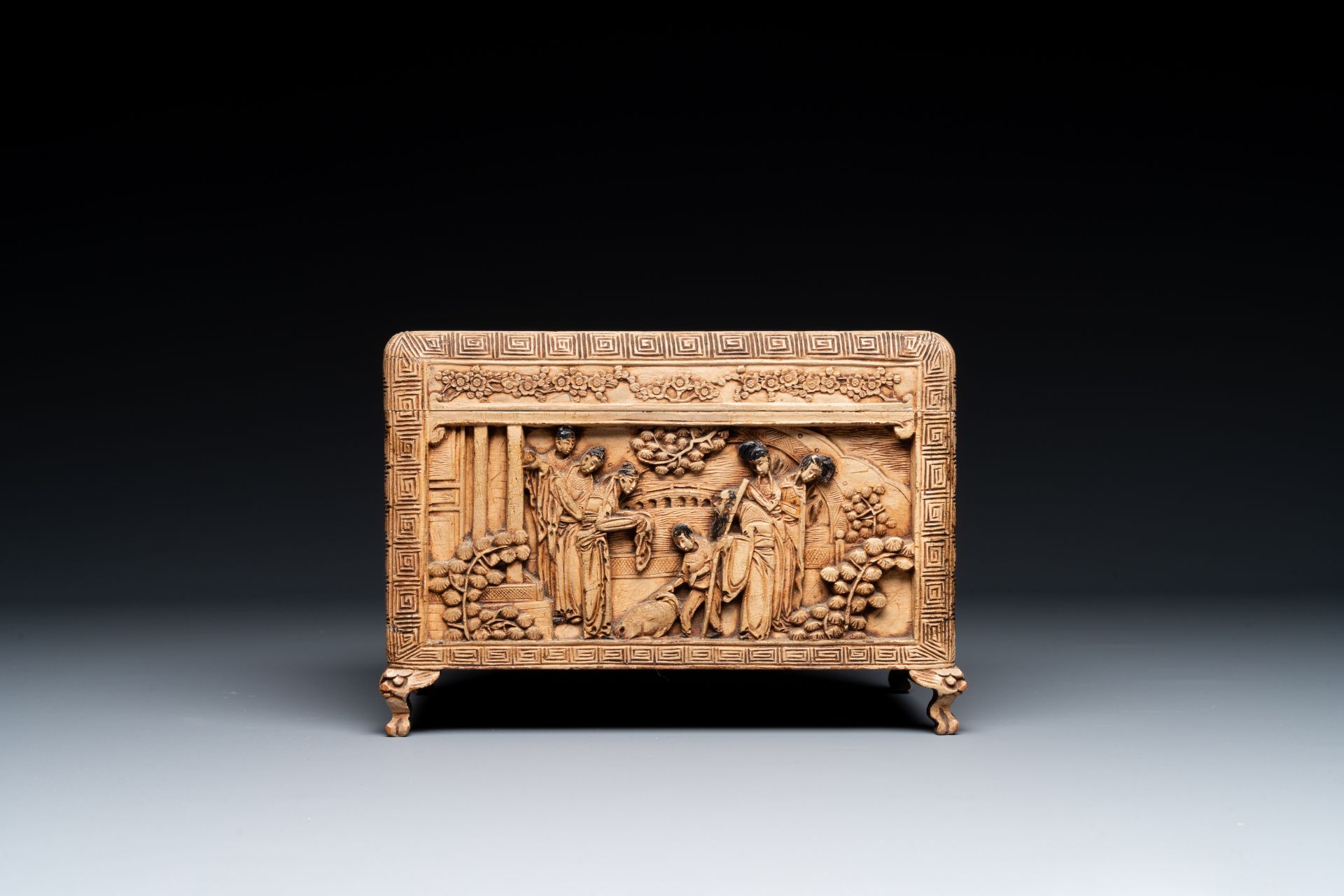 A Chinese Canton carved wooden casket with a famille rose plaque, Republic - Image 3 of 8