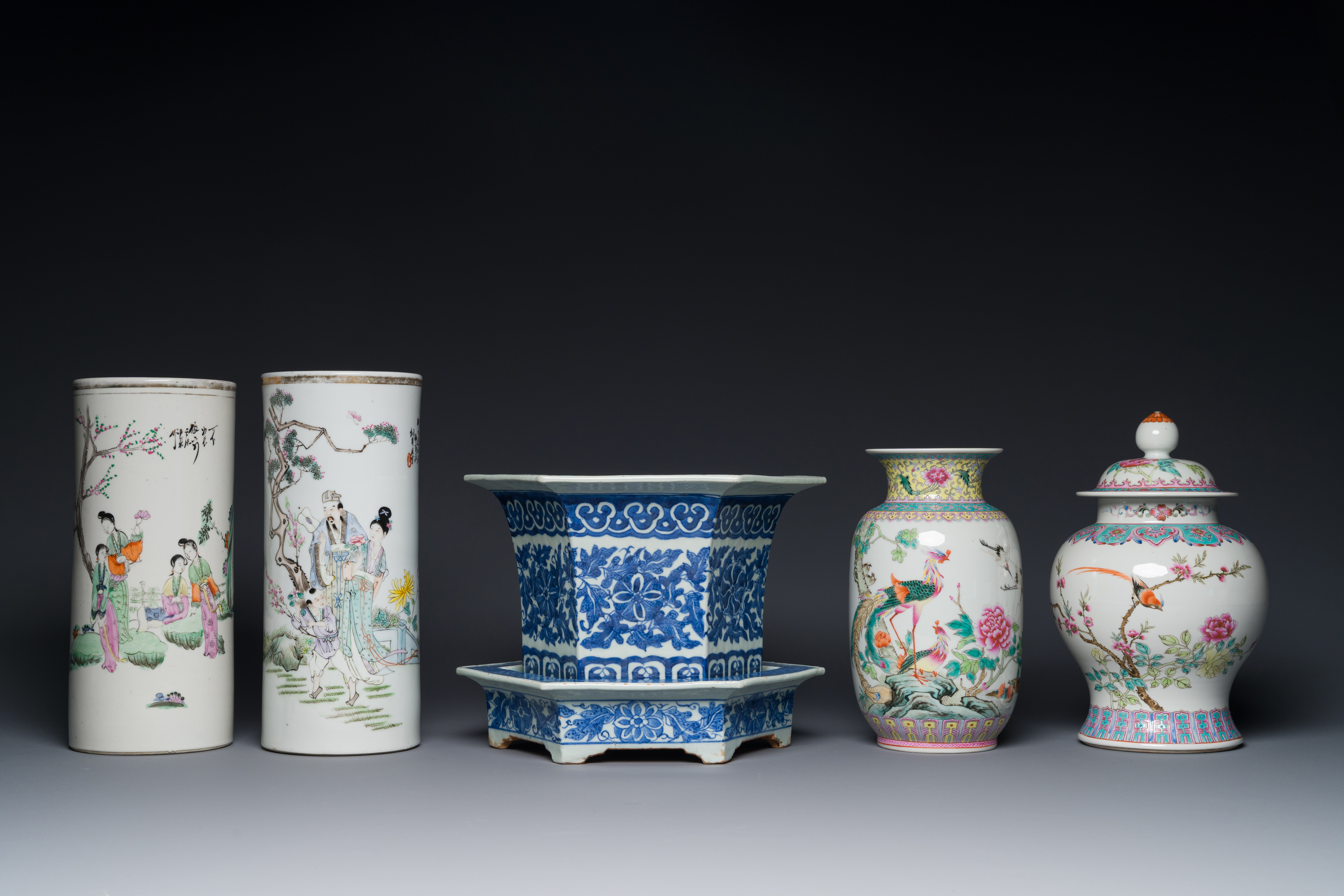 Two Chinese qianjiang cai hat stands, a blue and white jardiniere on stand, a famille rose vase and - Image 2 of 5