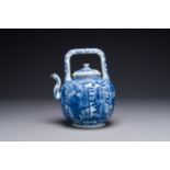 A Chinese blue and white wine ewer and cover with figural design, Wanli