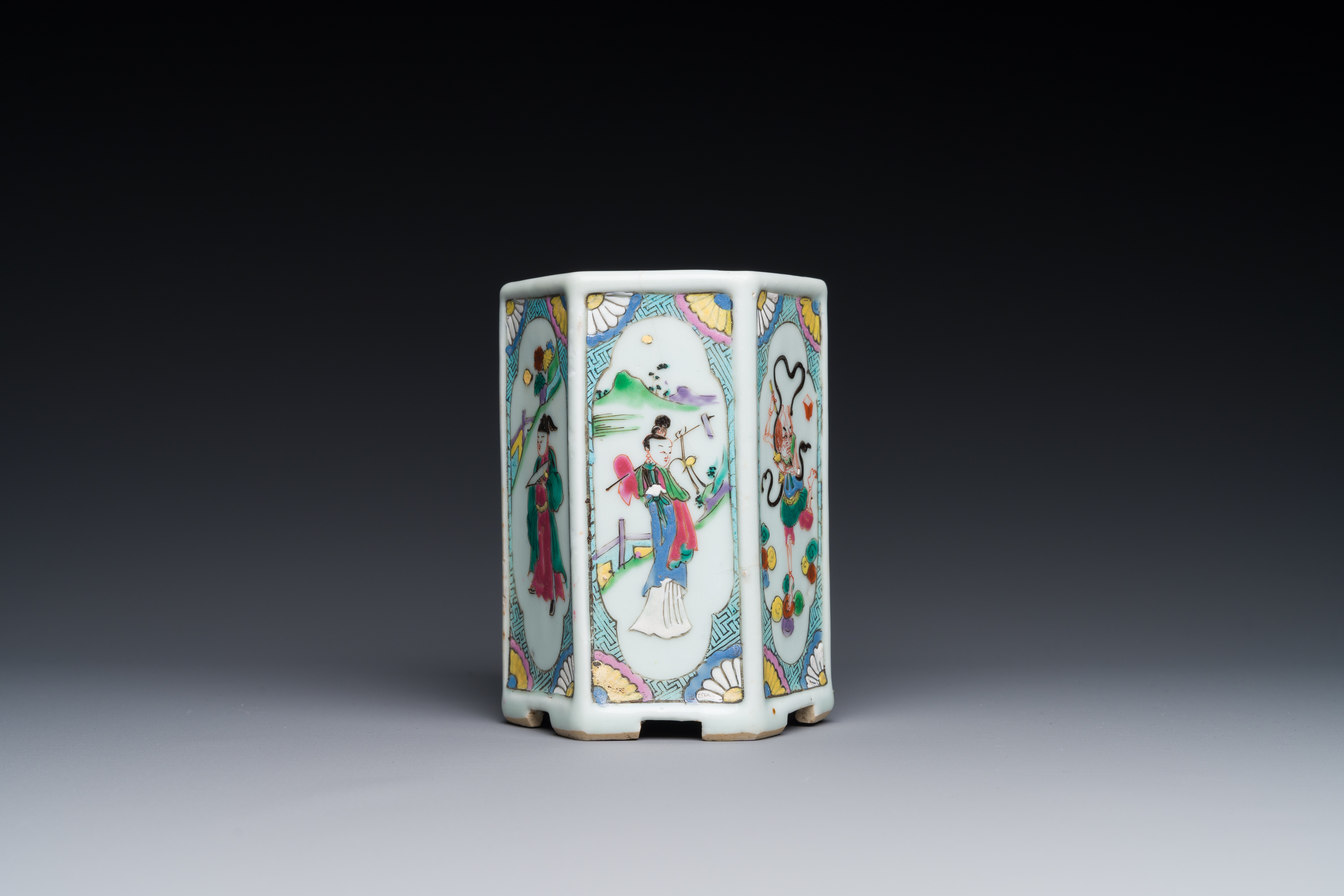 A Chinese hexagonal famille rose brush pot, Yongzheng - Image 2 of 4