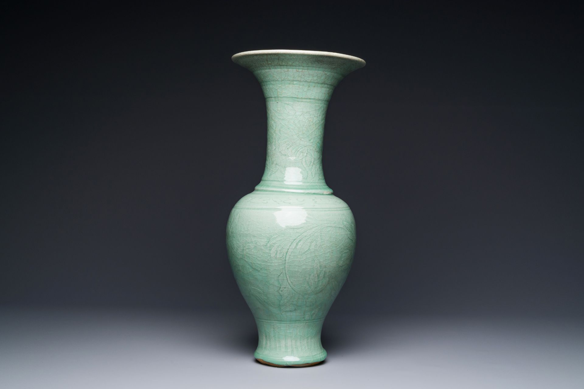 A Chinese Longquan celadon baluster vase with anhua floral design, Ming - Image 2 of 6