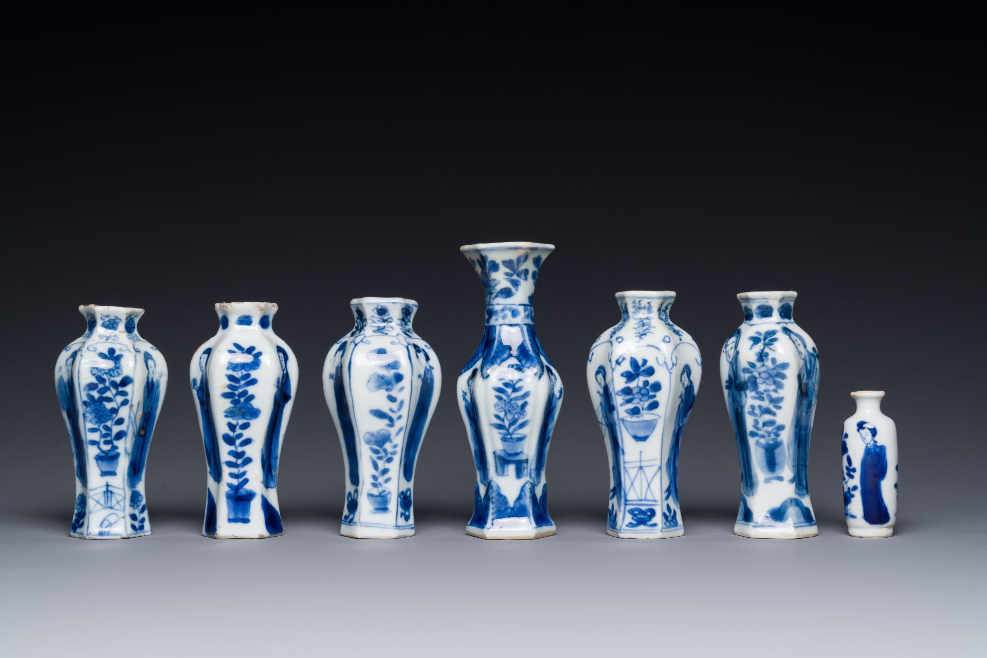 Seven Chinese blue and white 'Long Eliza' miniature vases, Kangxi - Image 4 of 5