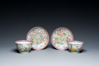 A pair of Chinese Canton famille rose cups and saucers, 19th C.