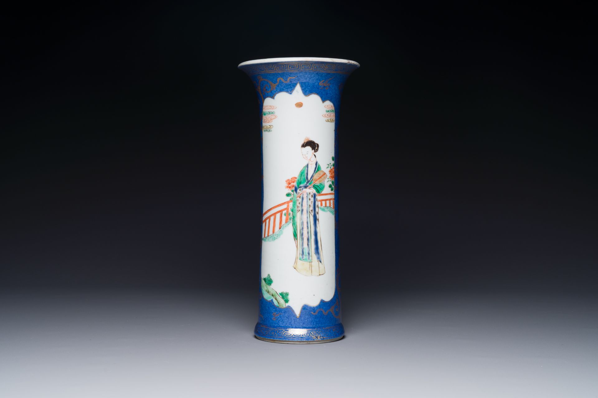 A Chinese famille verte powder-blue-ground 'court lady' beaker vase, Kangxi