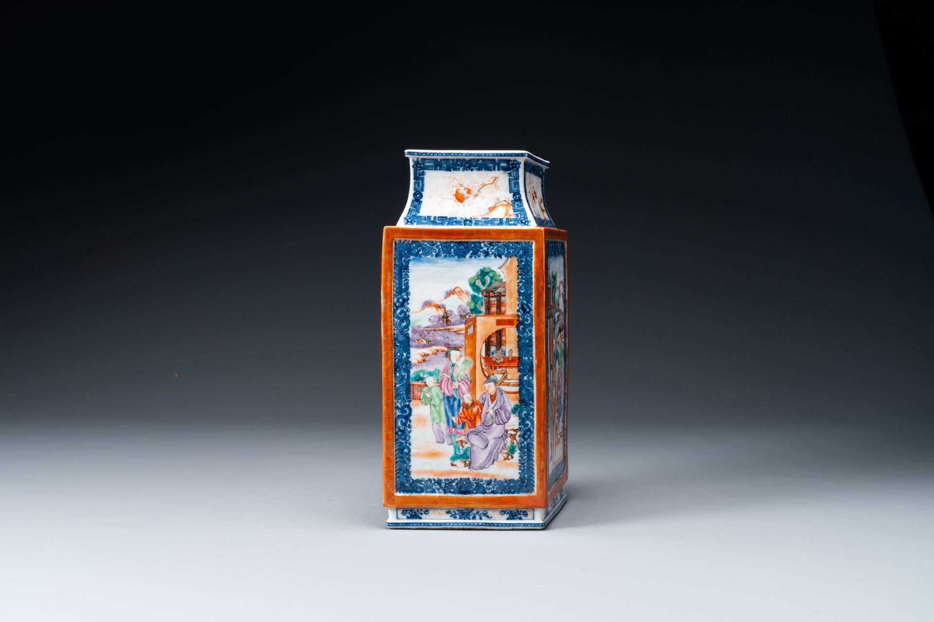 A Chinese Canton famille rose lozenge-shaped 'Mandarin subject' vase, Qianlong - Image 5 of 9