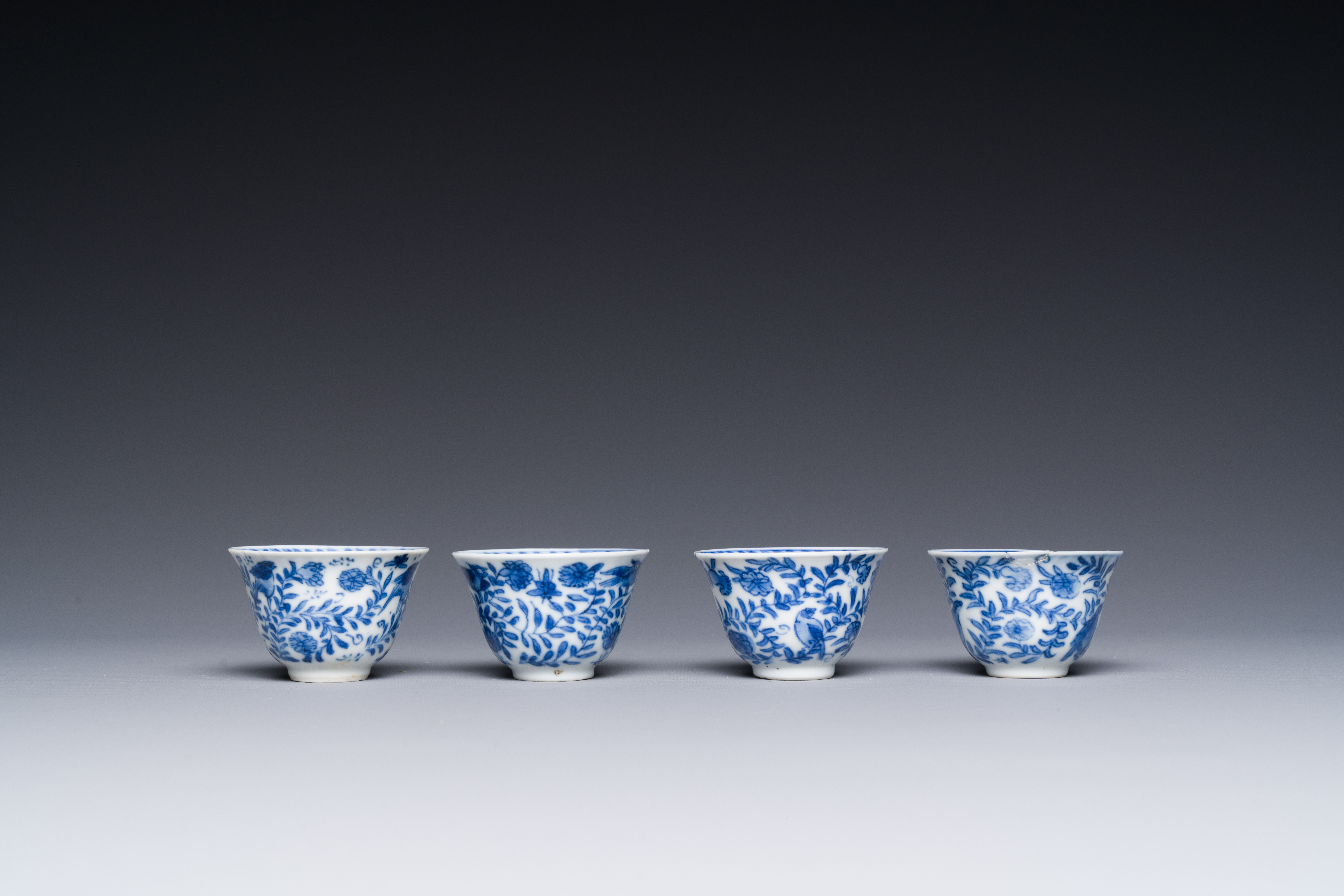 Four Chinese blue and white miniature cups and saucers, butterfly mark, Kangxi - Image 3 of 6