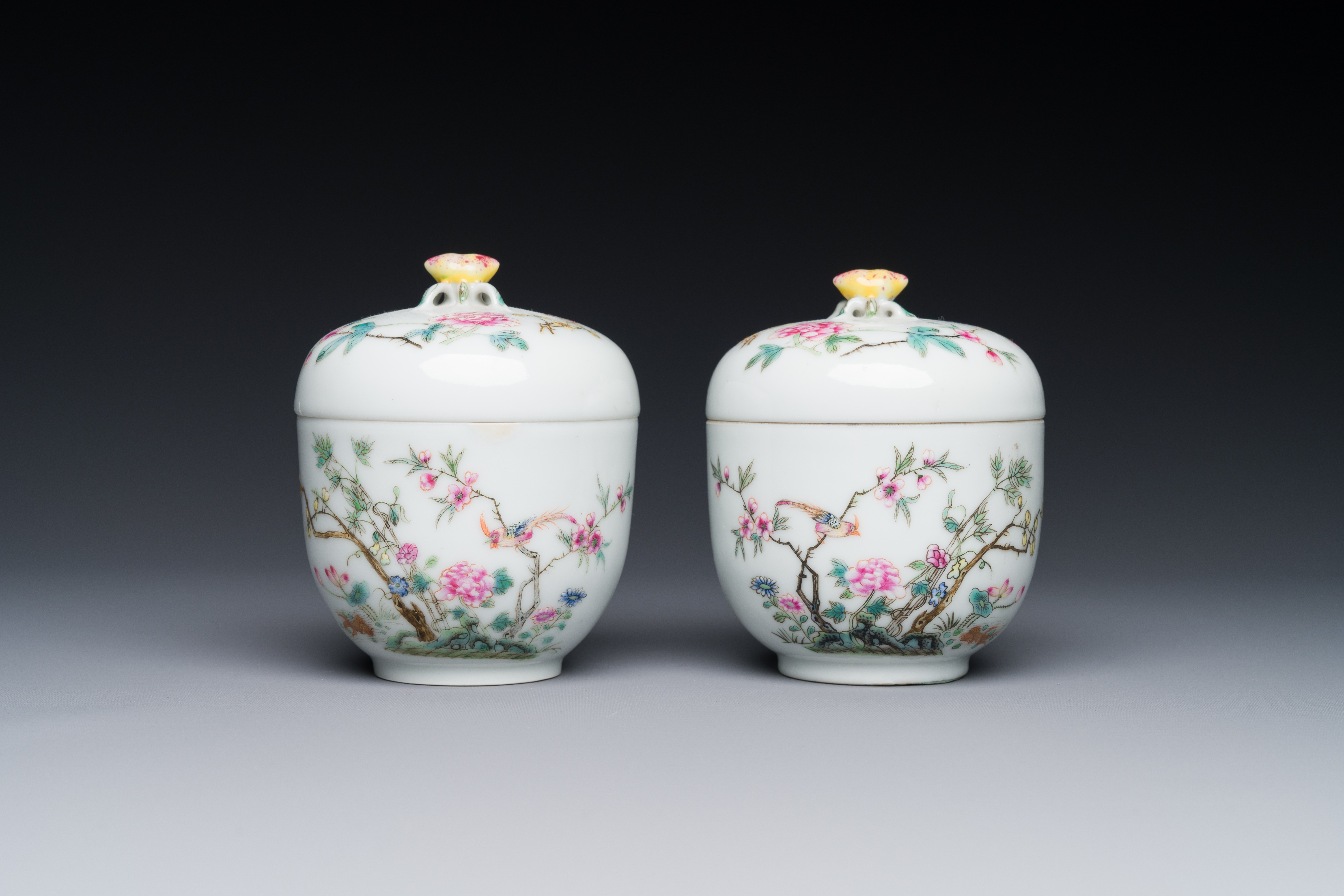 A pair of Chinese famille rose covered jars with birds and flowers, Guangxu mark and period