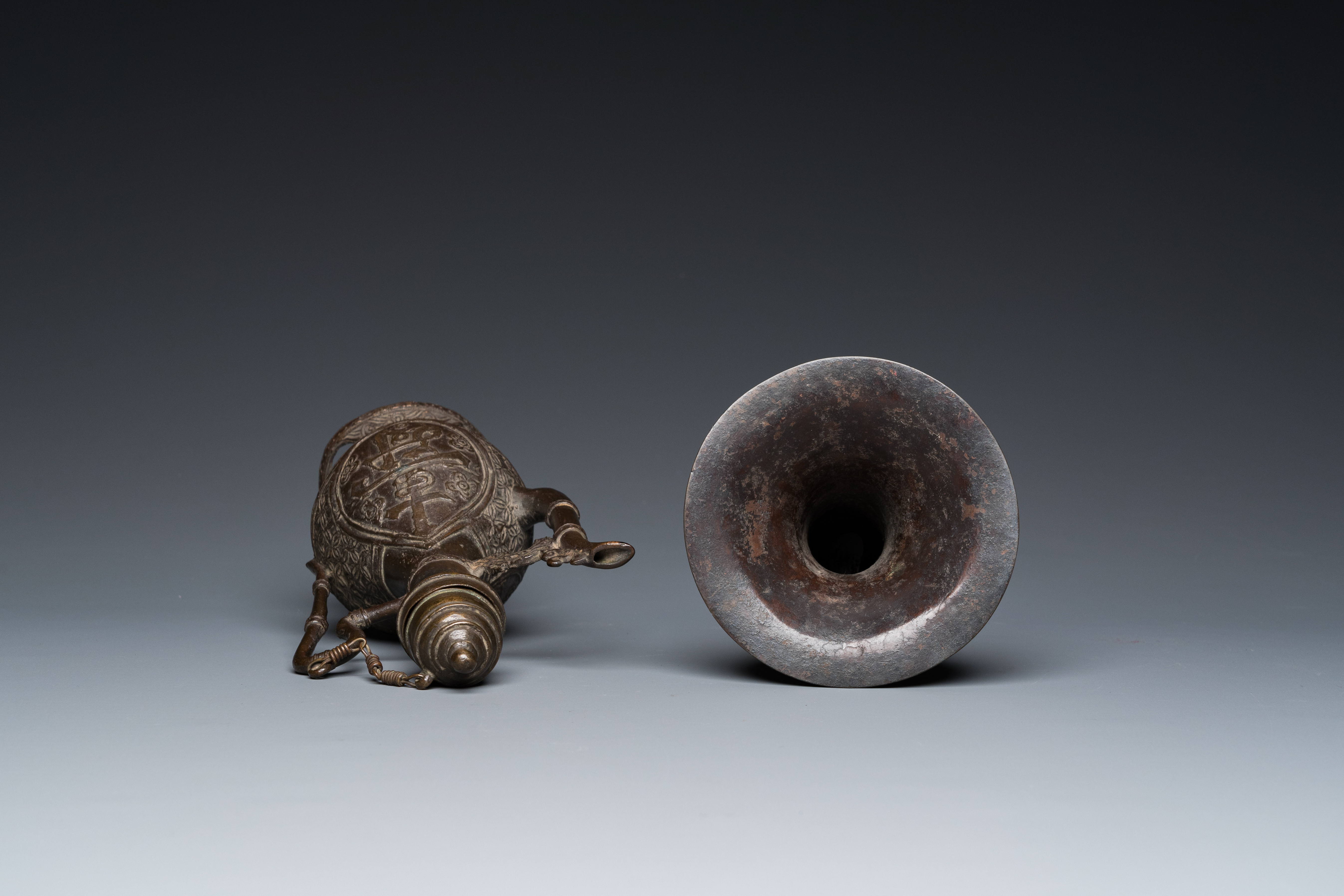 A Chinese bronze 'gu' vase and a bronze ewer and cover for the Islamic market, Ming - Image 16 of 24