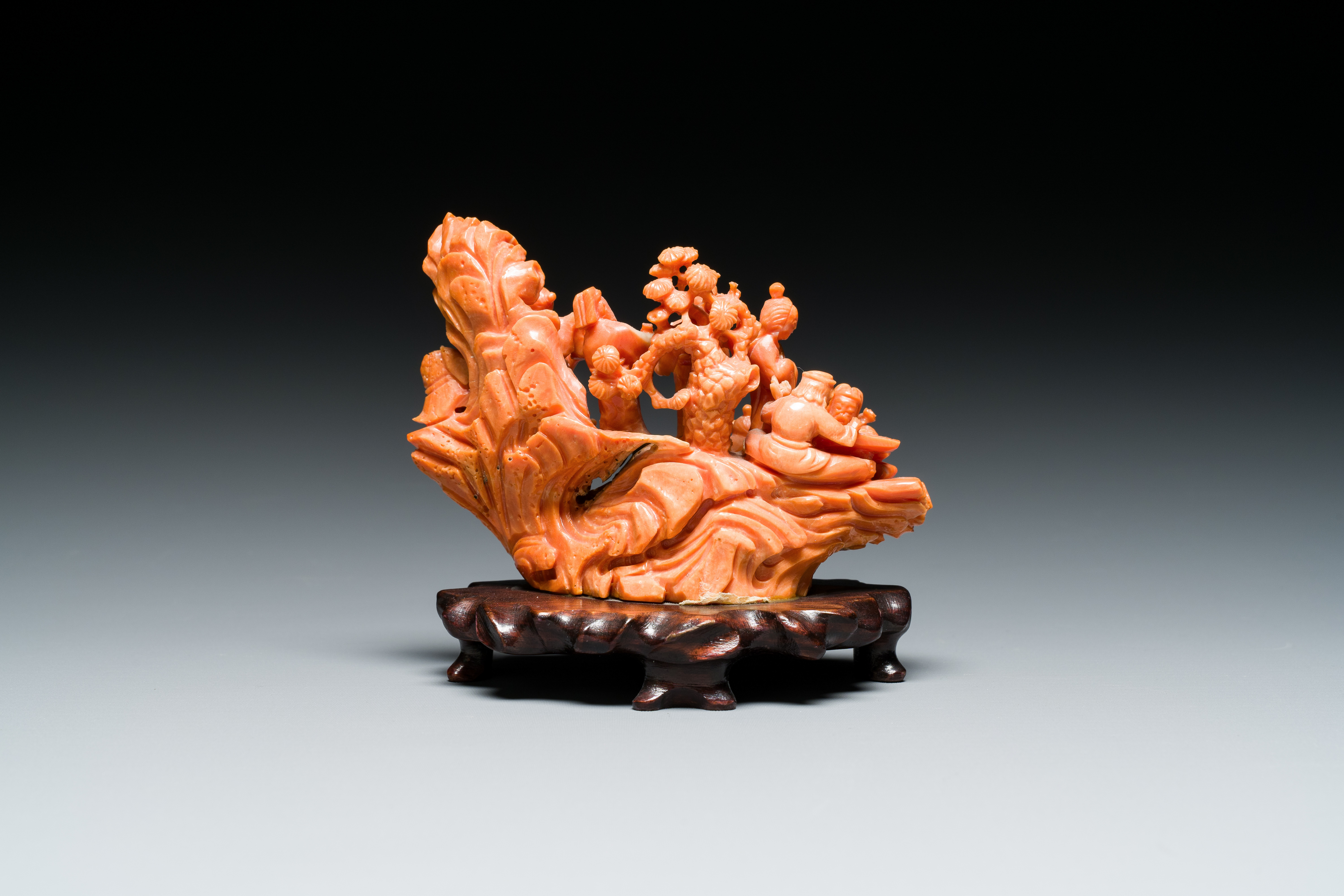 A Chinese red coral 'Eight Immortals' group on wooden stand, 19/20th C. - Image 3 of 14