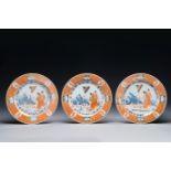 Three Chinese Imari-style plates with 'Parasol ladies' after Cornelis Pronk, Qianlong