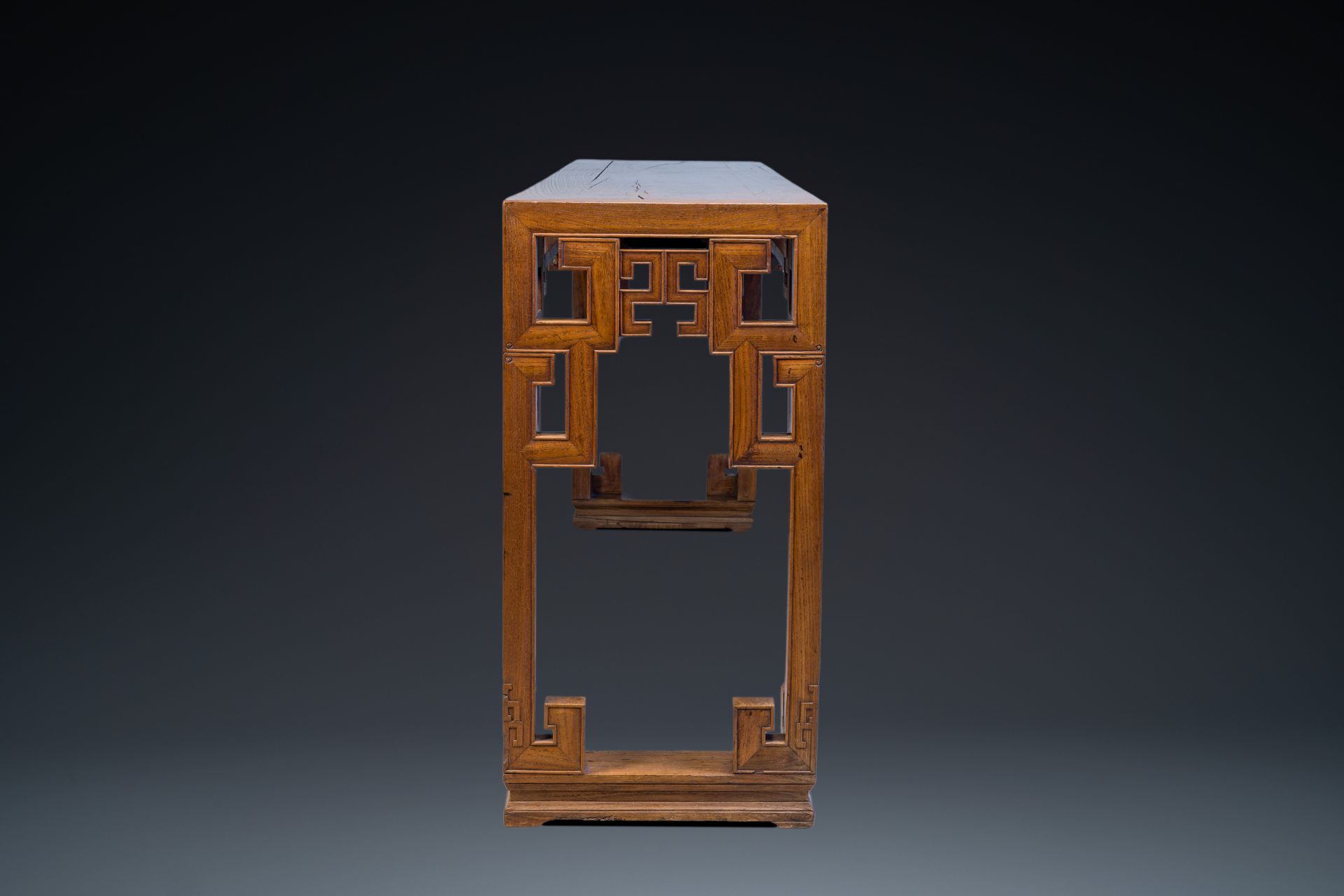 A large Chinese elm wood 'tiaoan' with geometric design, 19/20th C. - Image 3 of 10