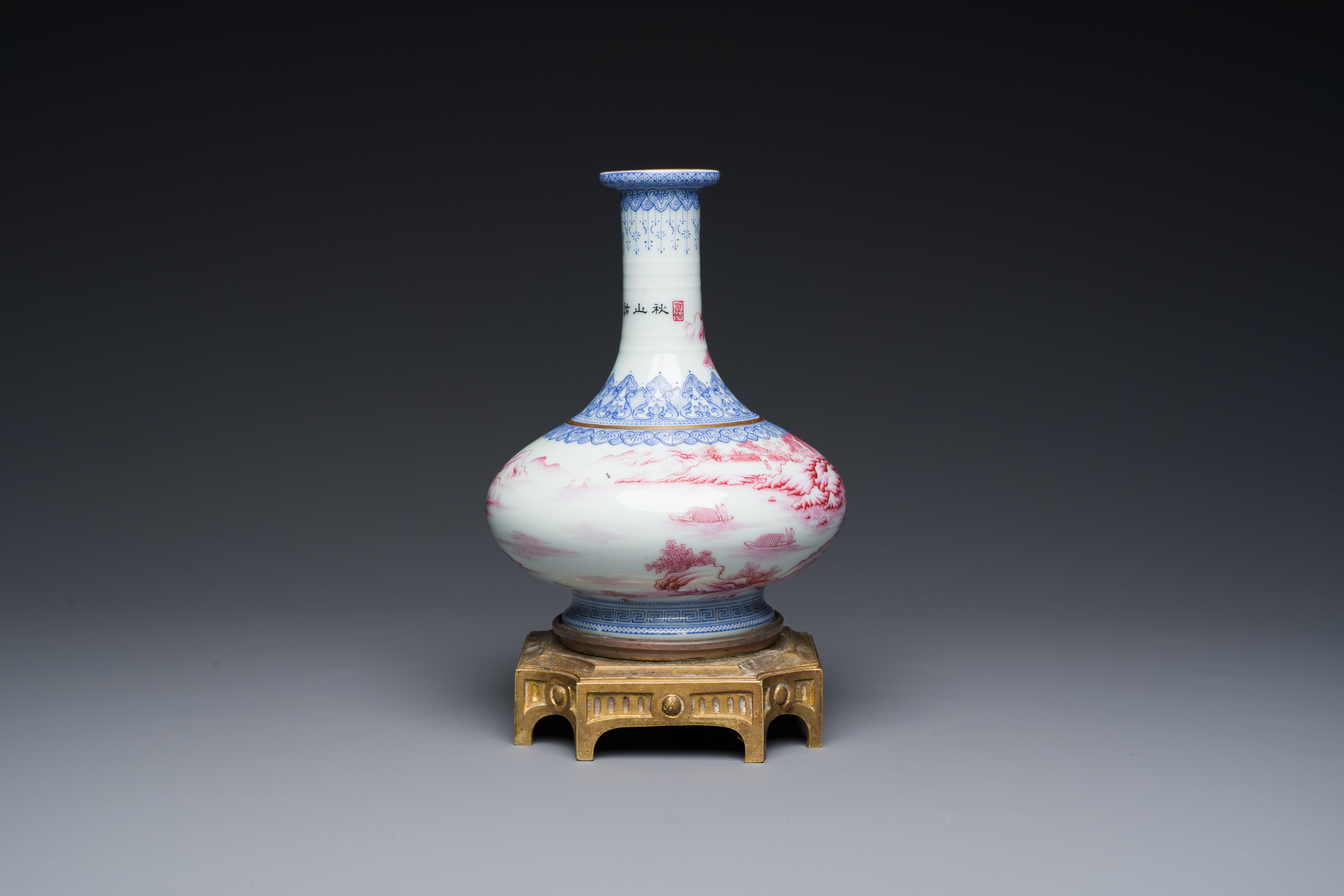 A Chinese blue-and-puce-enamelled bottle vase with a gilt bronze mount, 20th C. - Image 4 of 6