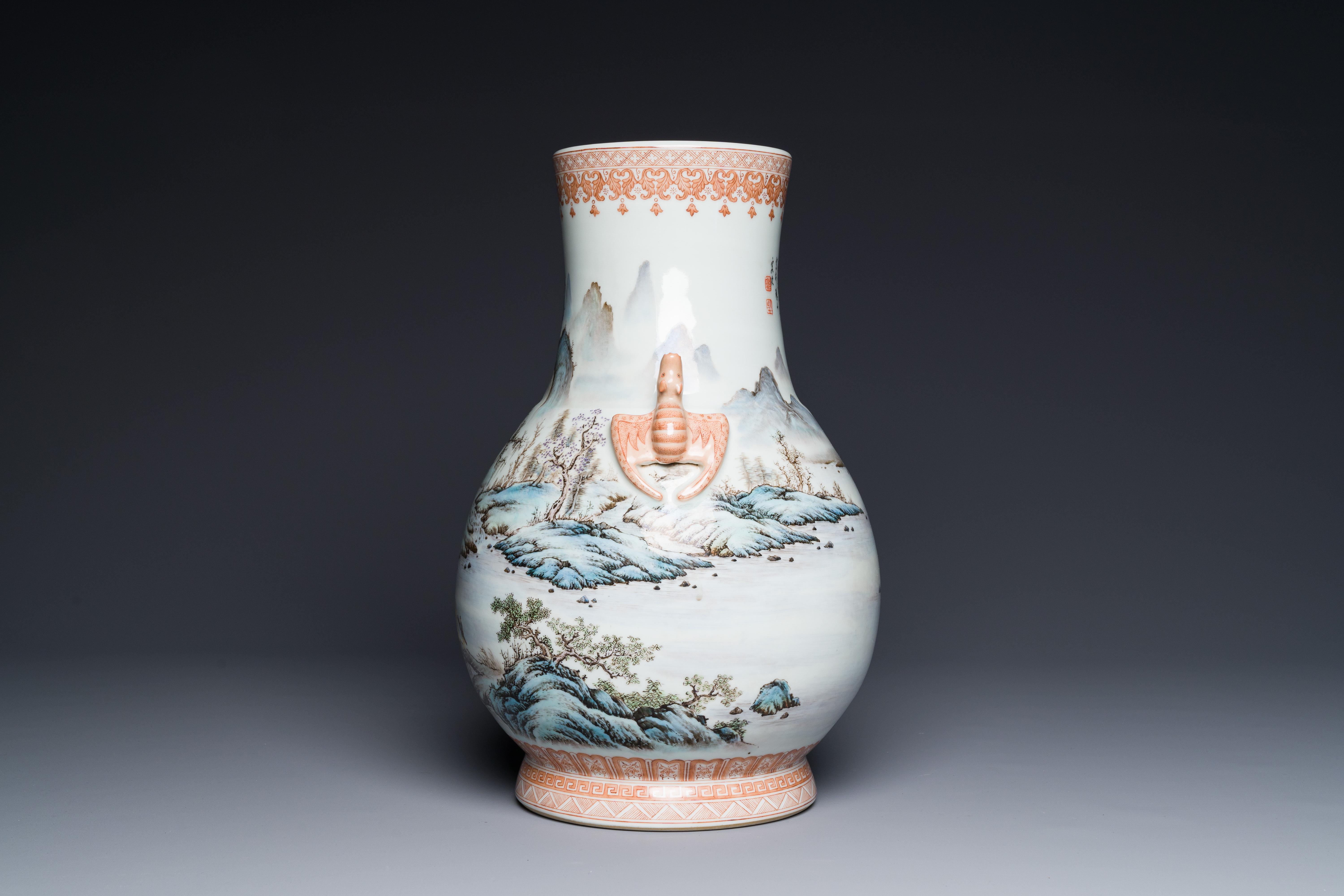 A Chinese famille rose 'hu' vase with mountainous landscape, signed Wang Xiaoting æ±ªå°äº­, dated 1 - Image 2 of 6