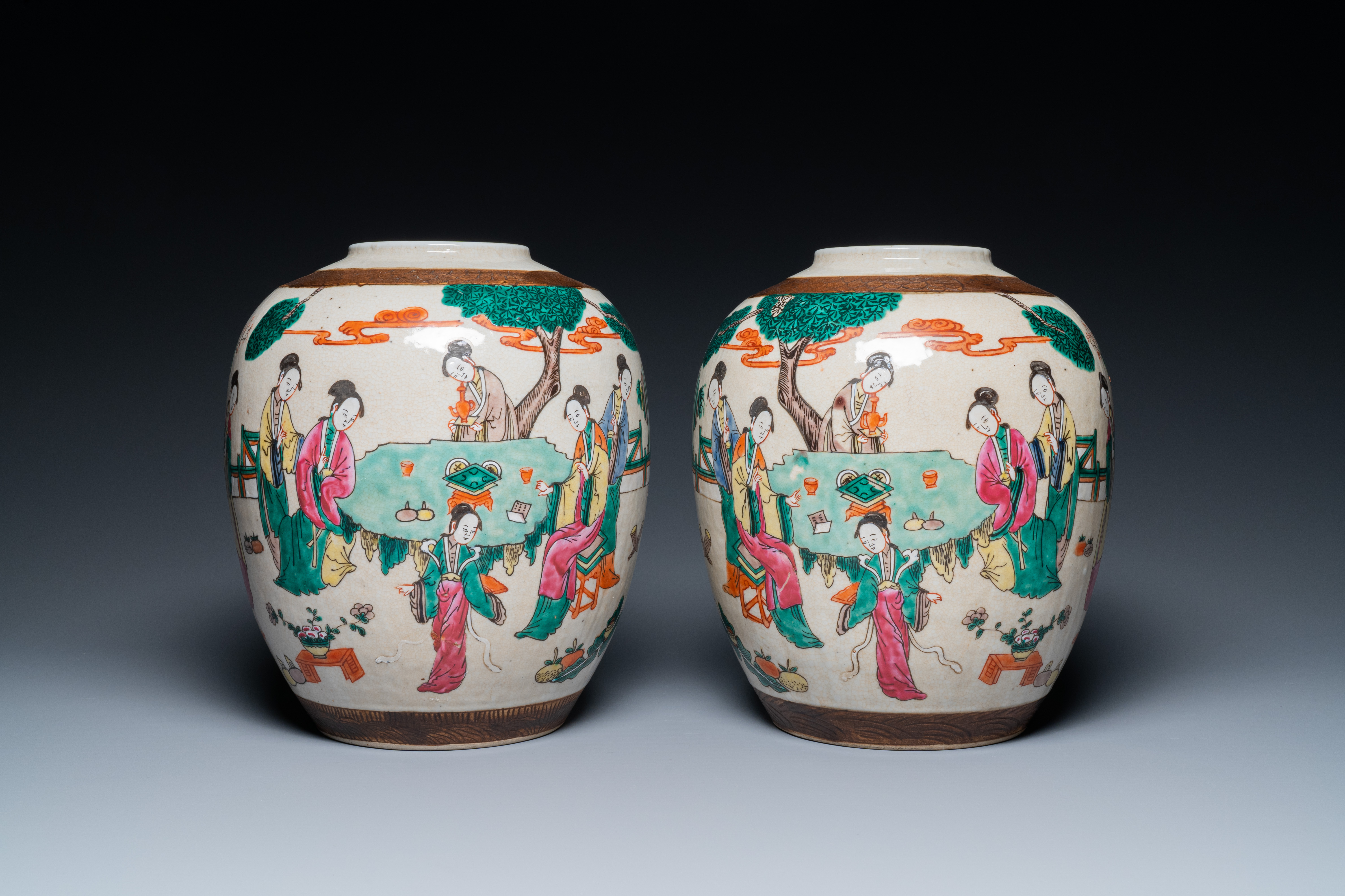 A pair of Chinese Nanking crackle-glazed famille rose jars and a dish, Chenghua mark, 19th C - Image 4 of 9