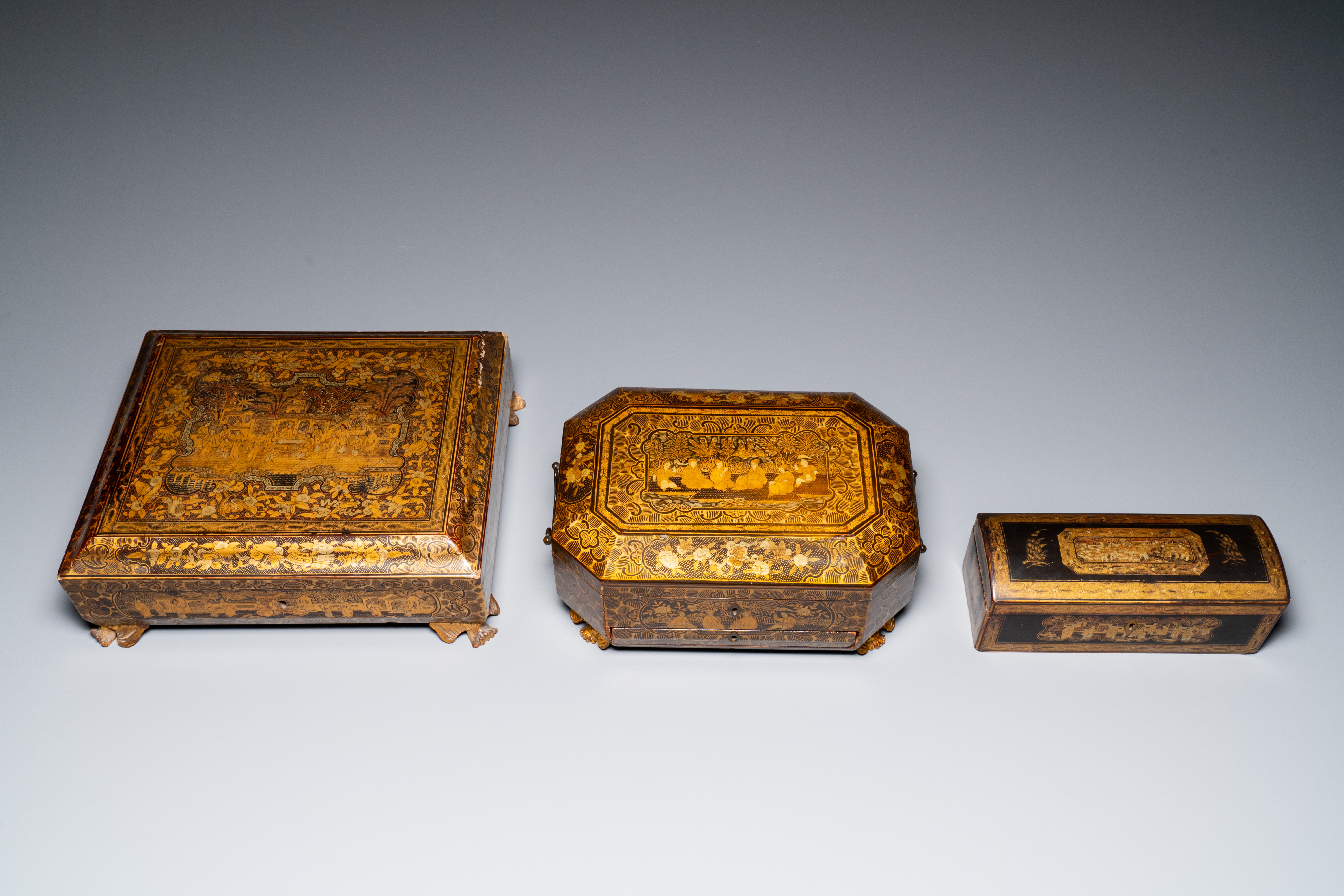 A large Chinese Canton gilt black lacquer tray, thee boxes and a fan, 19th C. - Image 14 of 17