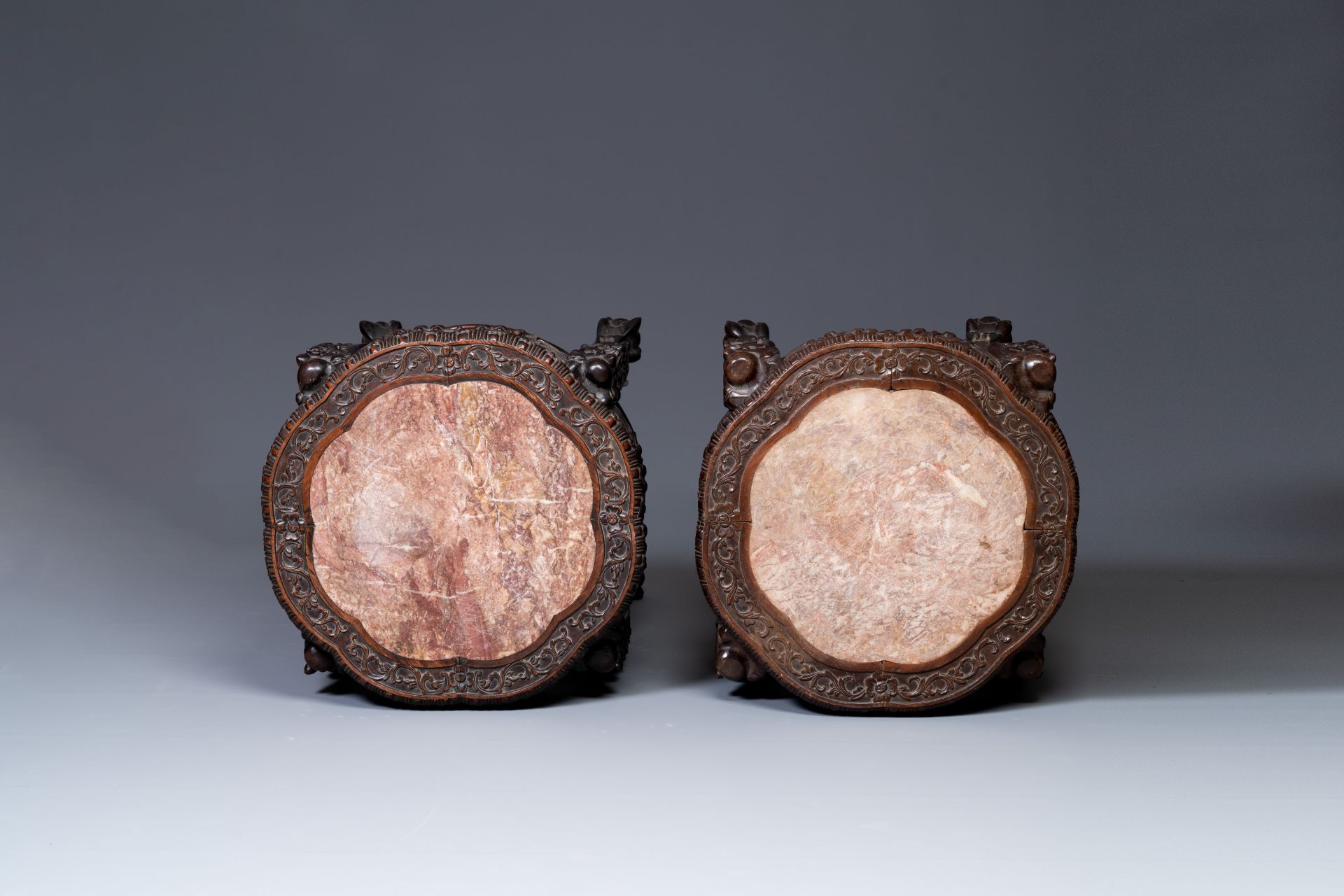 A pair of large Chinese carved wooden stands with marble tops, 19th C. - Image 4 of 5