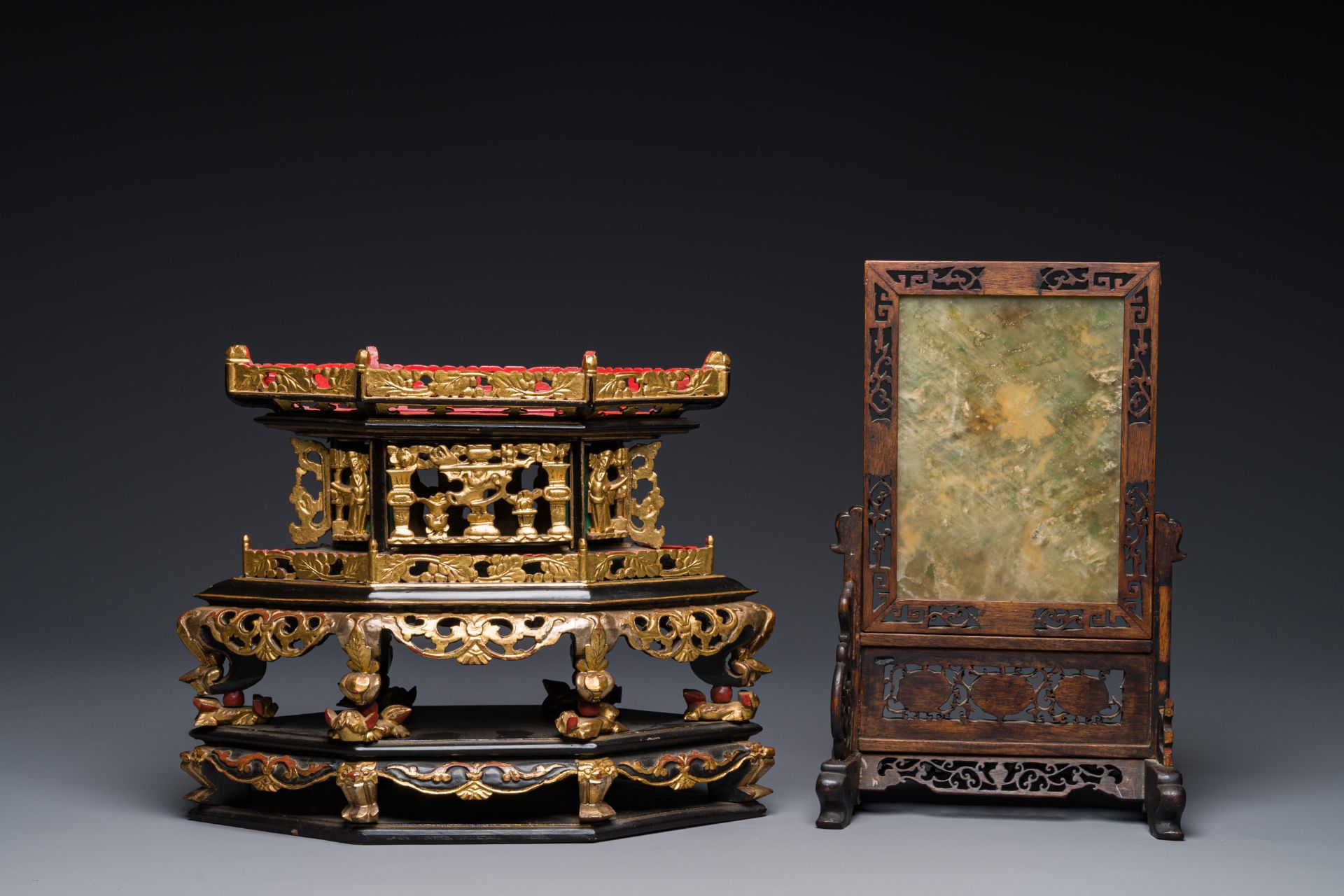 A Chinese wooden table screen with precious stones and an altar piece or 'chanab' for the Straits or - Image 2 of 3