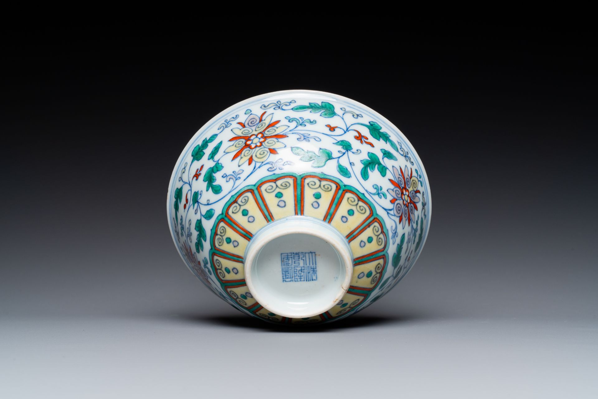 A Chinese doucai 'lotus scroll' bowl, Qianlong mark and of the period - Image 7 of 7