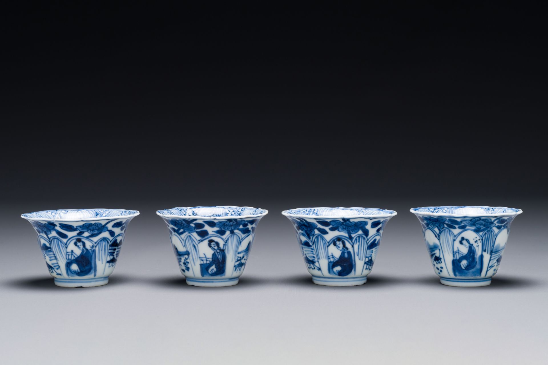 Four Chinese blue and white cups and saucers and a Chinese Imari-style shaving bowl, Kangxi Qianlong - Image 6 of 9