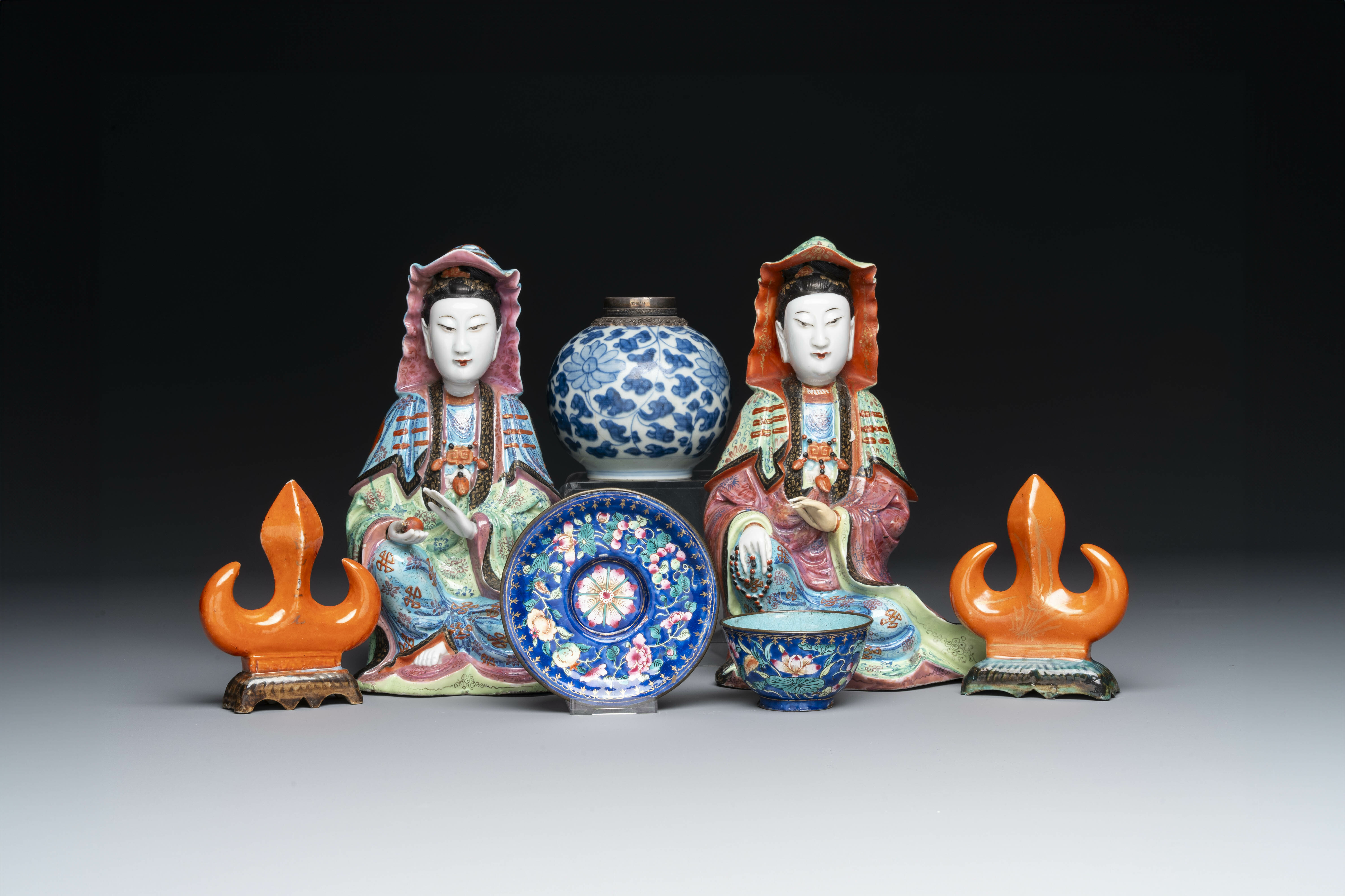 A varied collection of seven pieces of Chinese porcelain and Canton enamel, Kangxi and later