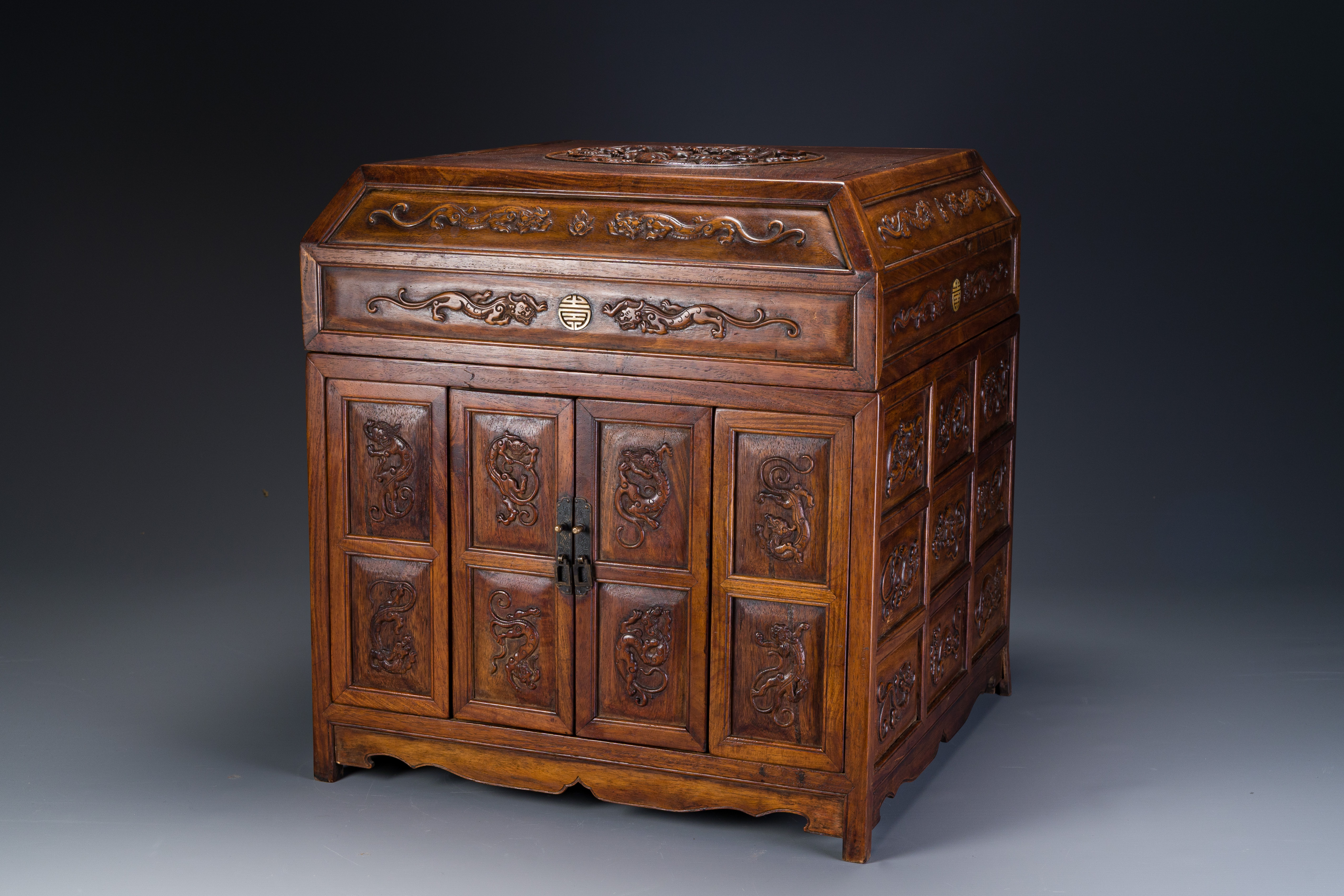 A rare Chinese huanghuali wood 'duo bao ge' cabinet of curiosities with chilong design, 18/19th C.