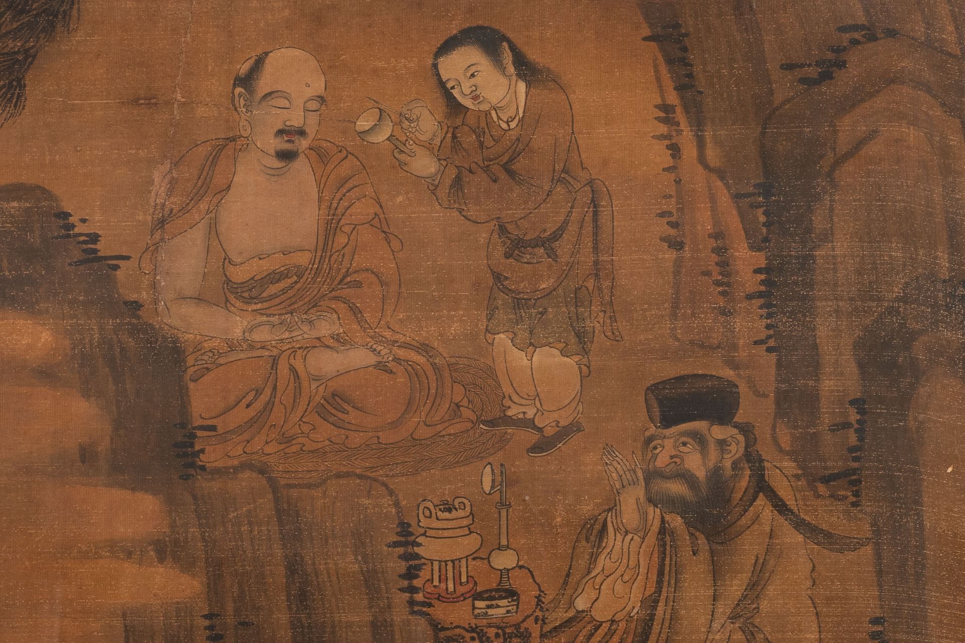 Chinese school: 'Luohan in the mountains', ink and colour on silk, 18th C. - Image 3 of 4