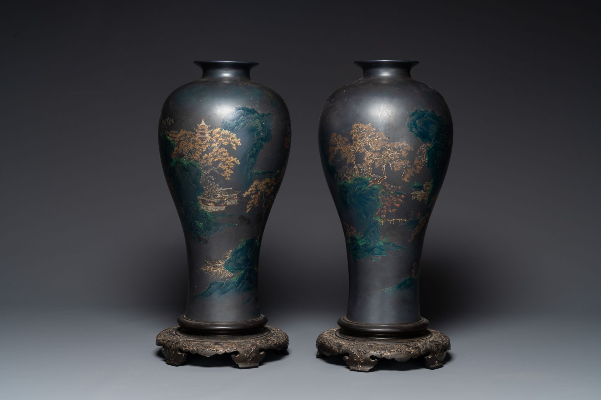 Seven Chinese Foochow or Fuzhou lacquerware vases, various marks, 19/20th C. - Image 2 of 11