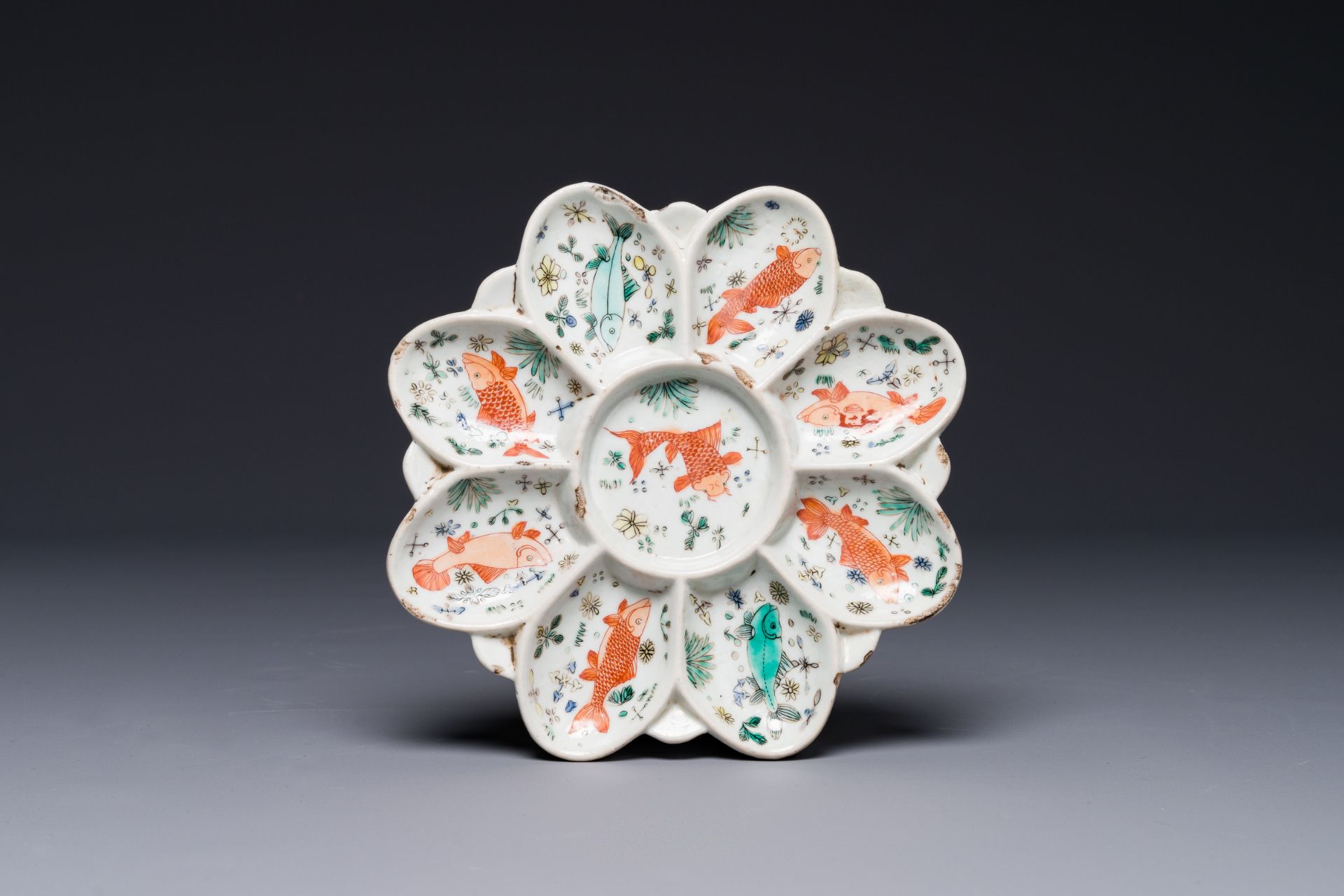 A rare Chinese famille verte sweetmeat dish with fish design, Kangxi