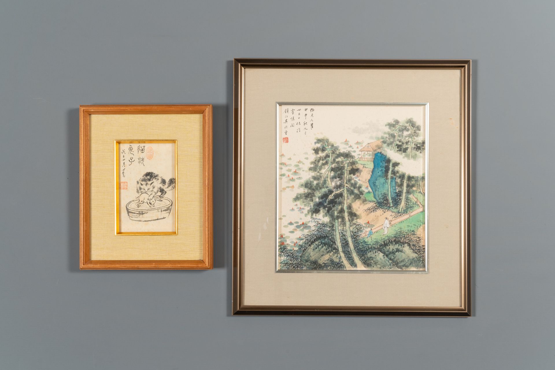 Pu Xinyu æº¥å¿ƒç•¬ (1896-1963): 'Cat and rabbit' and Wu Xizeng å³ç†™æ›¾ (1904-1972): 'Landscape', i