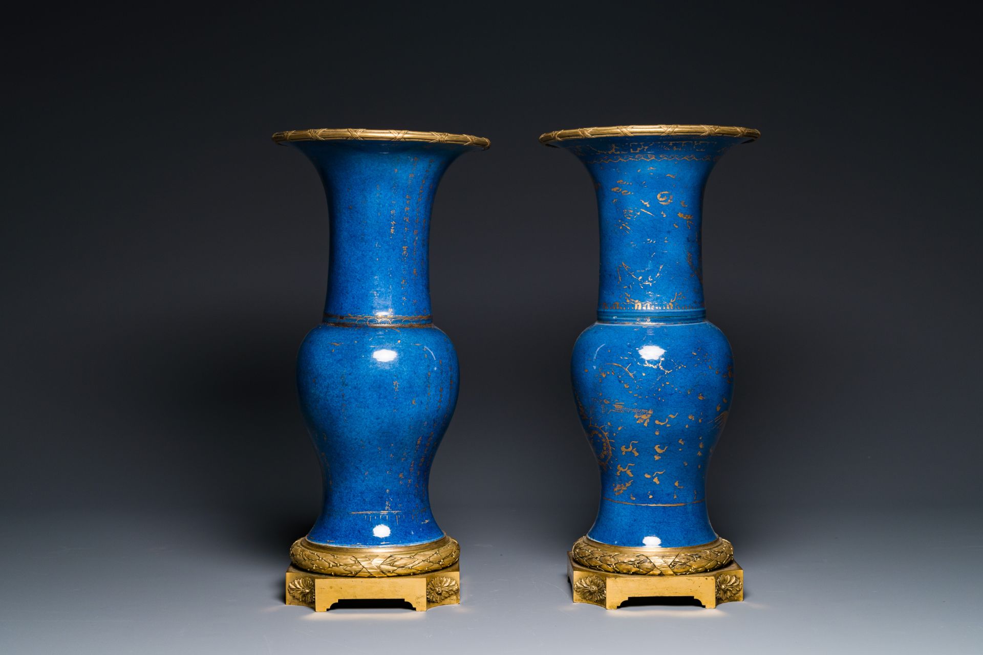 A pair of Chinese gilt-decorated powder-blue 'yenyen' vases with gilt bronze mounts, Kangxi - Image 2 of 6