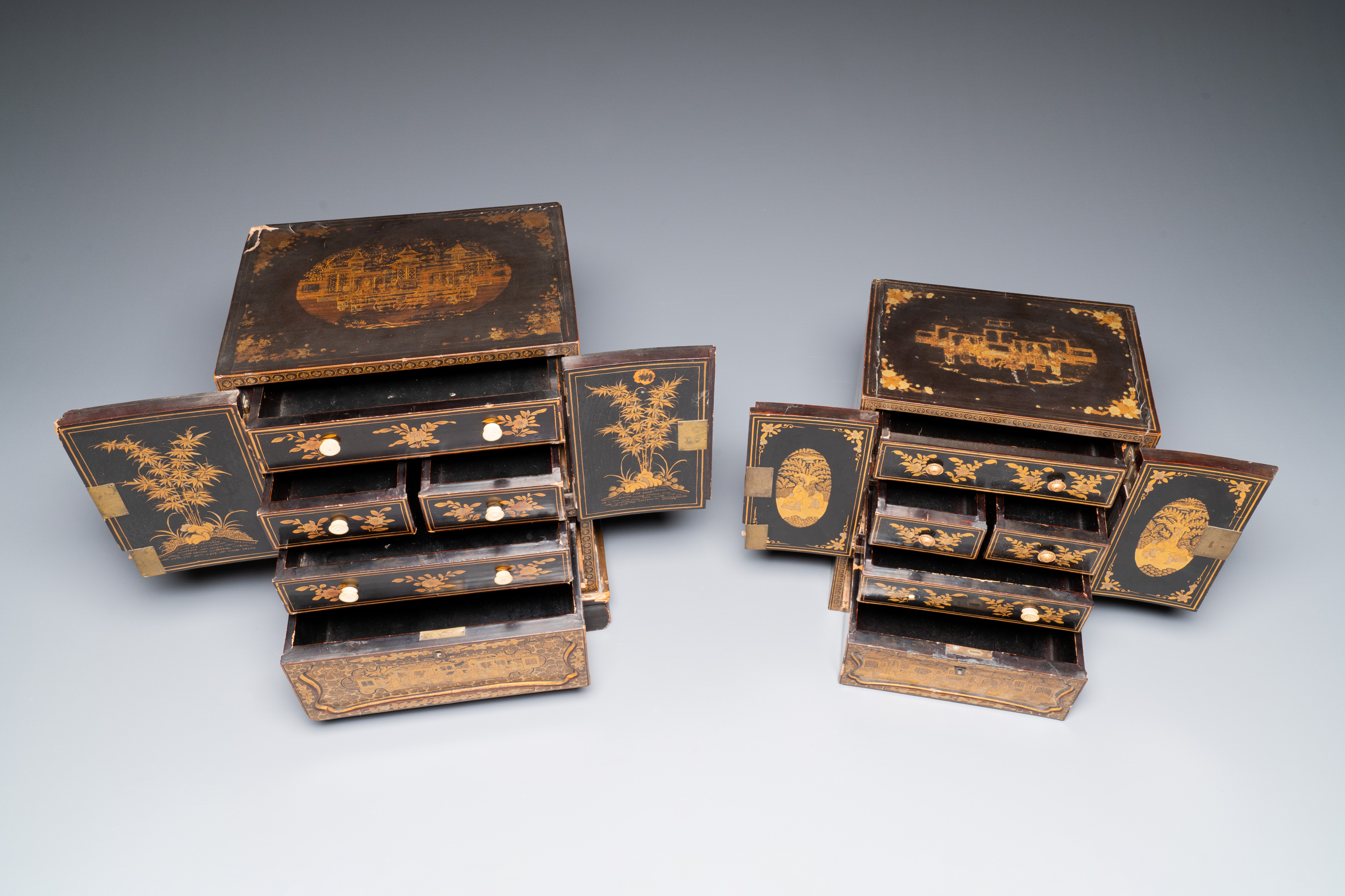 Two Chinese Canton gilt black lacquer miniature cabinets and a box, 19th C. - Image 9 of 10