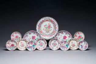 Three Chinese famille rose plates and ten saucers, Yongzheng/Qianlong