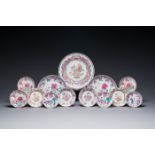 Three Chinese famille rose plates and ten saucers, Yongzheng/Qianlong