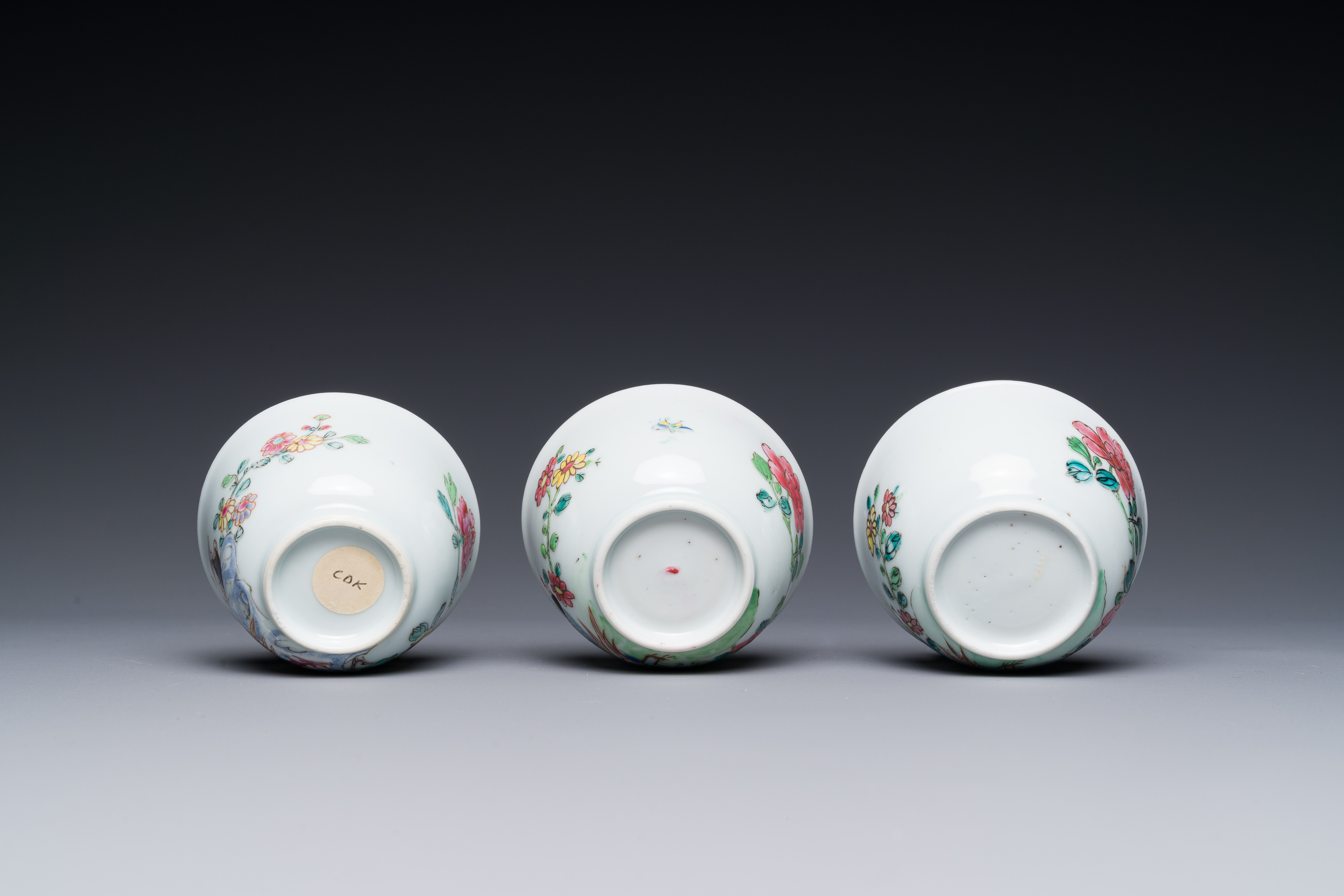 Three Chinese famille rose 'pheasant' cups and saucers, Yongzheng - Image 3 of 5