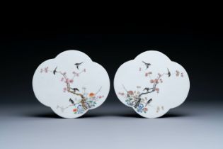 A pair of Chinese famille rose plaques with birds among blossom branches, 19th C.