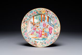 A Chinese Canton famille rose plate with narrative design, 19th C.