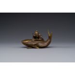 A Japanese partly gilded bronze lidded box in the shape of Ebisu on sea bream, signed Miyao Zo, Meij