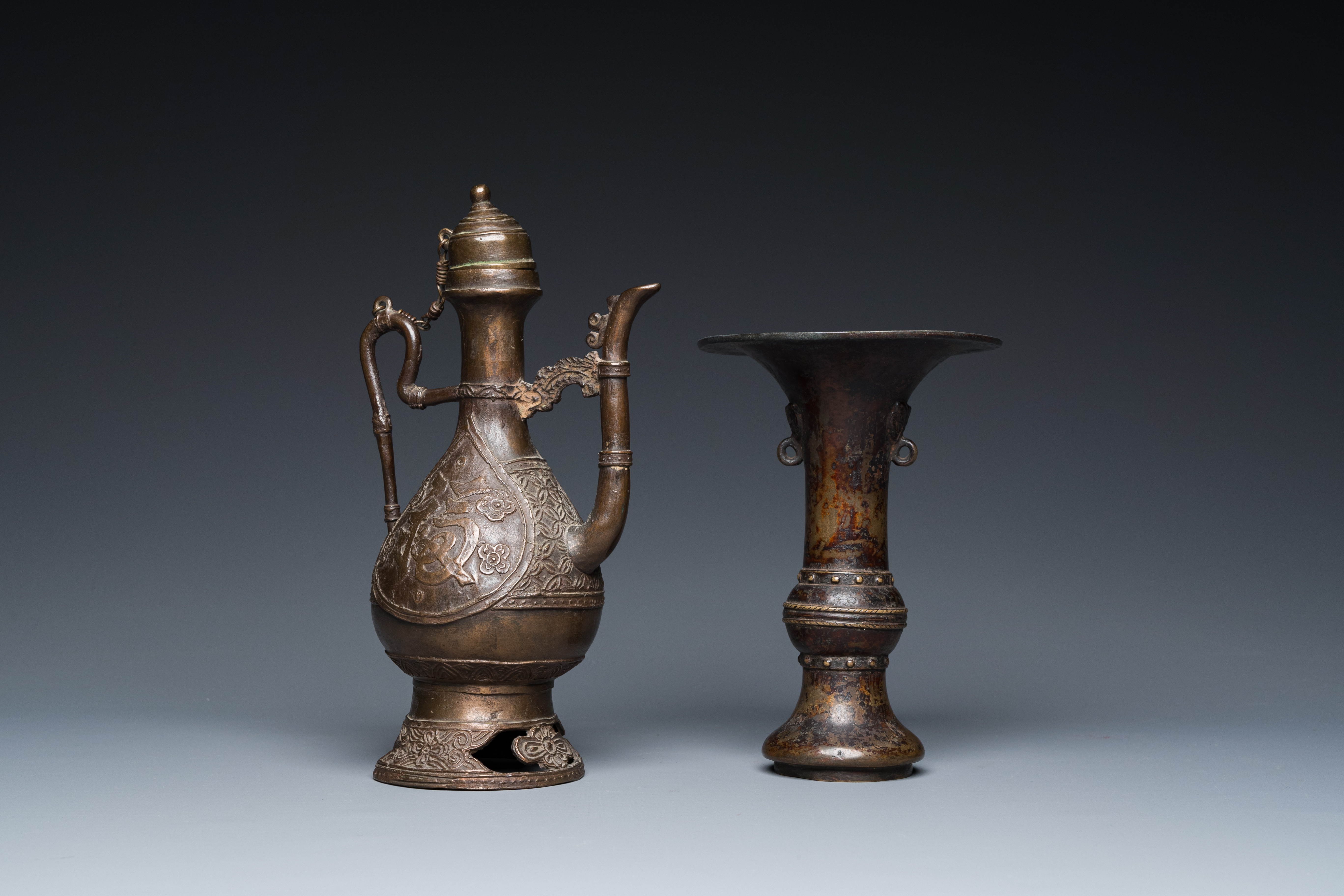 A Chinese bronze 'gu' vase and a bronze ewer and cover for the Islamic market, Ming - Image 2 of 24