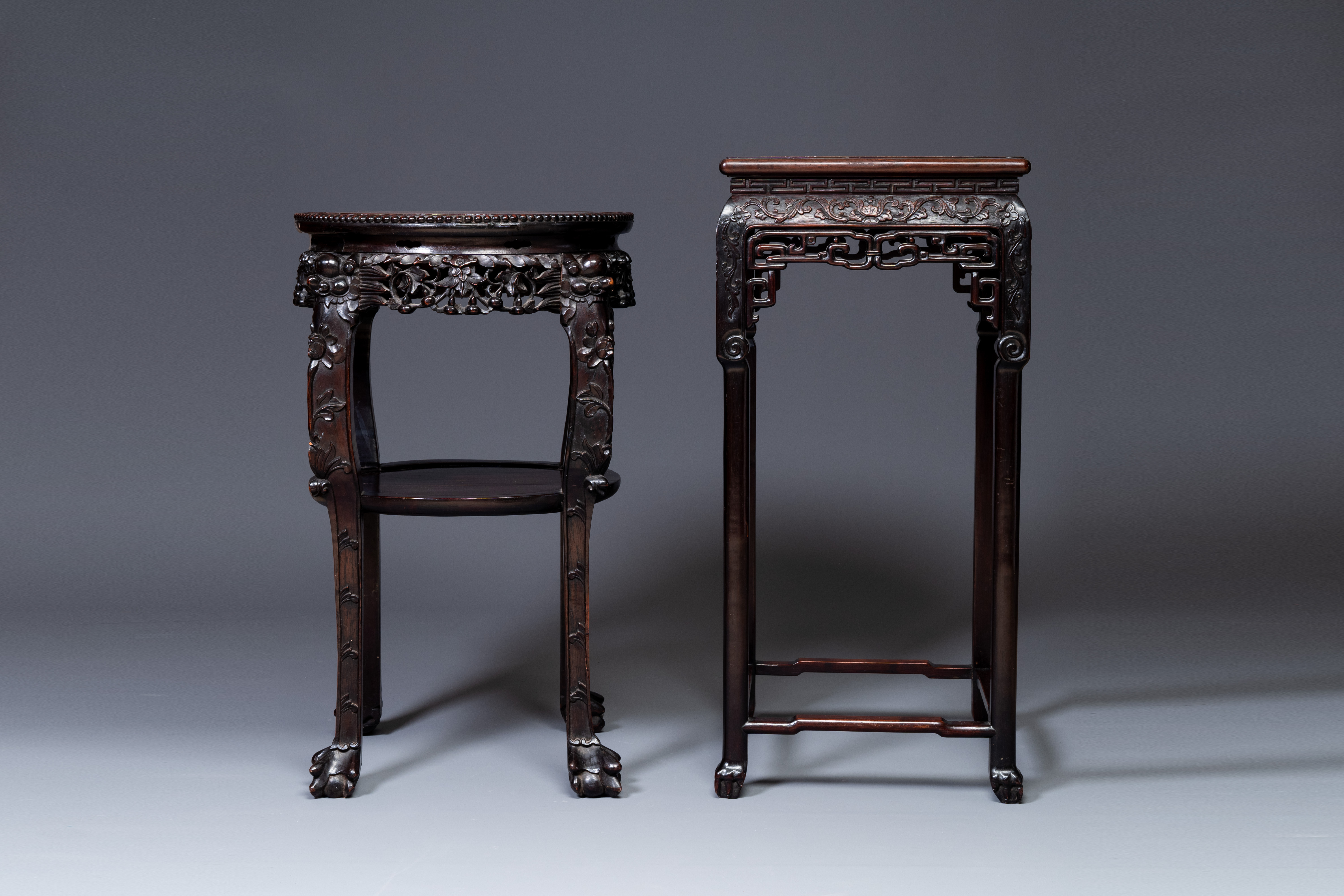 Two Chinese carved wooden stands with marble tops, 19th C. - Image 2 of 5