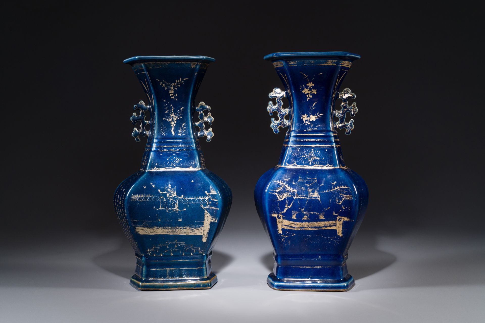 Pair of Chinese gilt-decorated powder-blue vases, Qianlong - Image 2 of 4