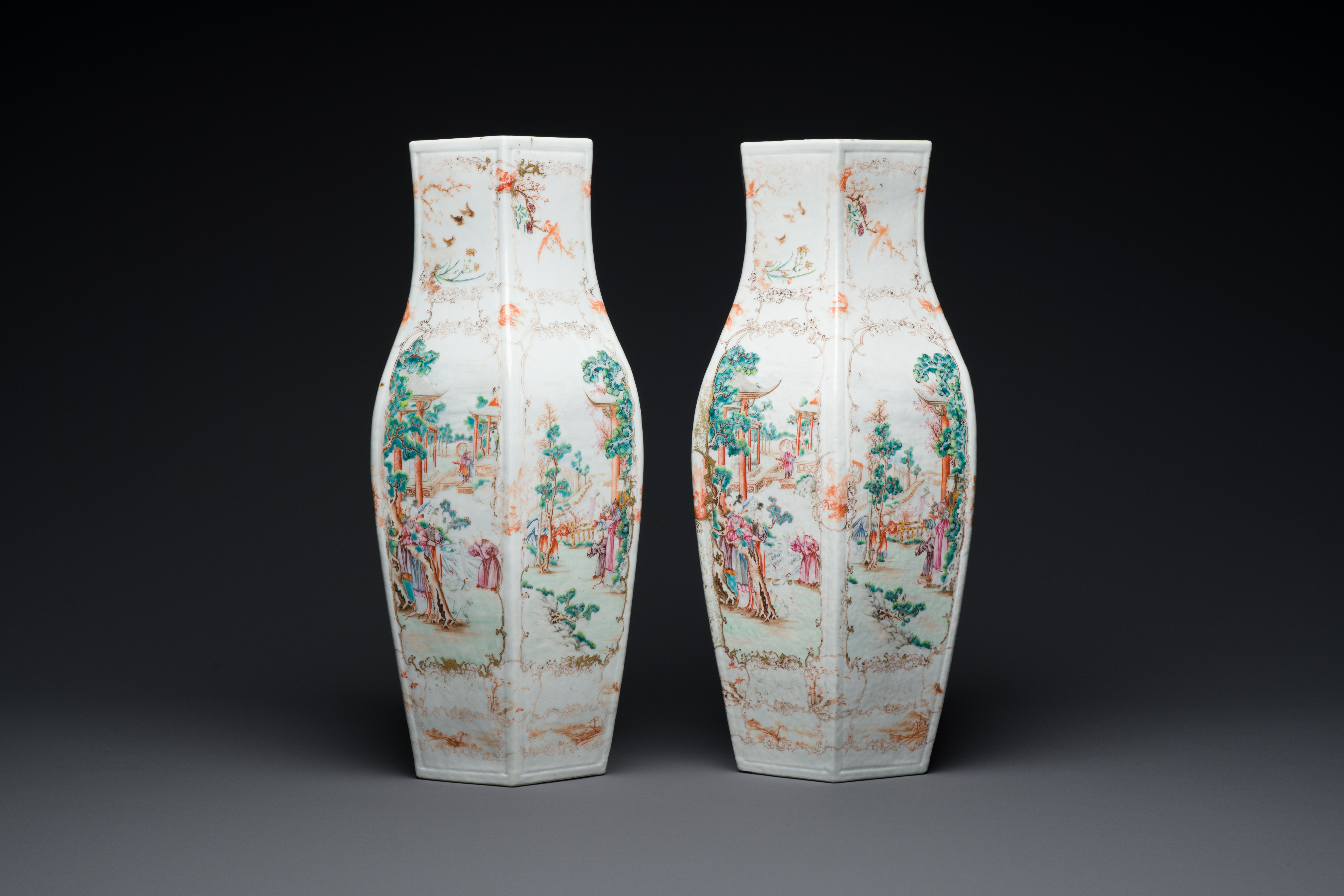 A pair of Chinese hexagonal Canton famille rose 'mandarin subject' vases, Qianlong - Image 2 of 6