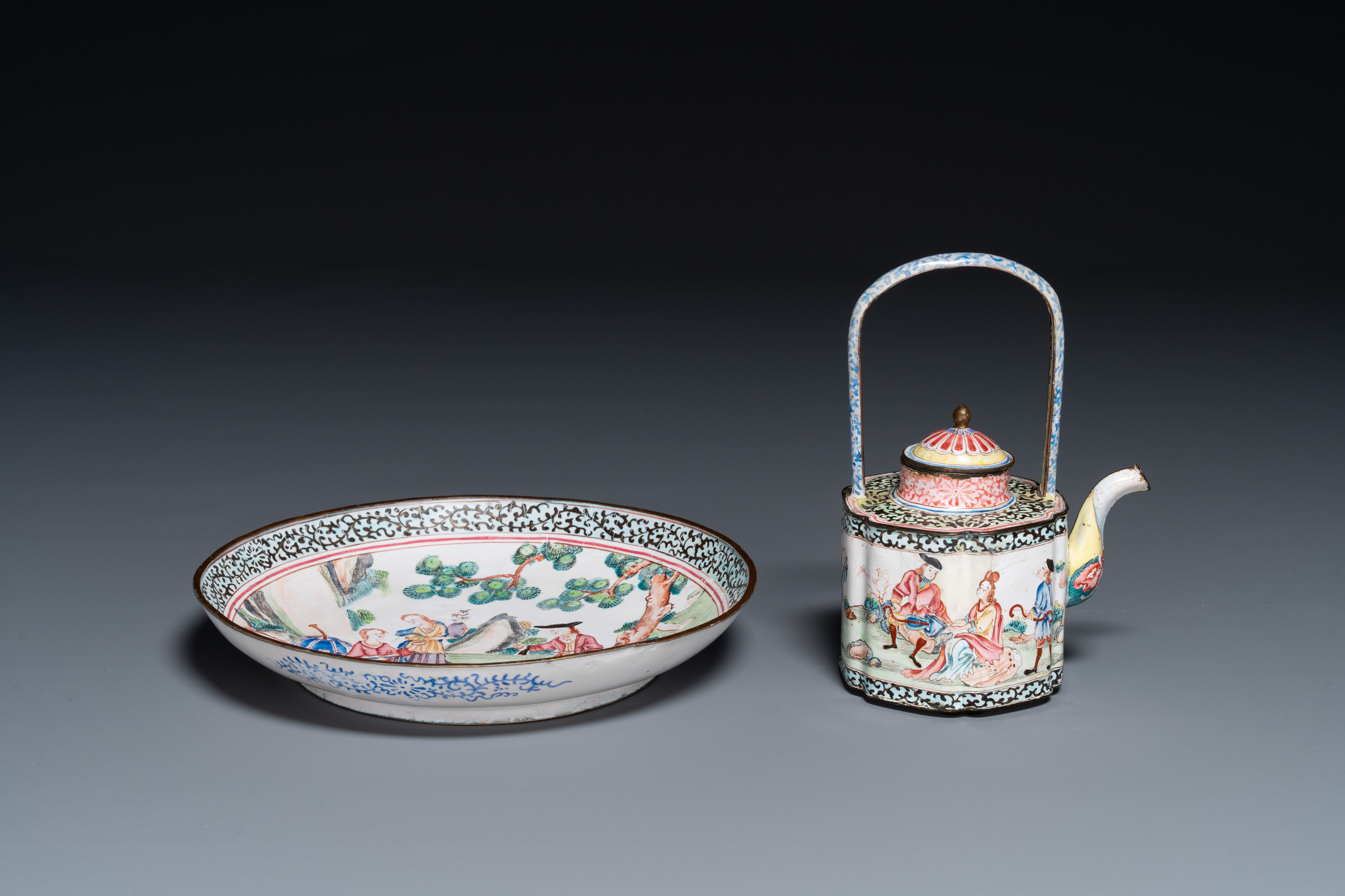 A Chinese Canton enamel 'European scene' plate and a teapot, Qianlong - Image 2 of 4