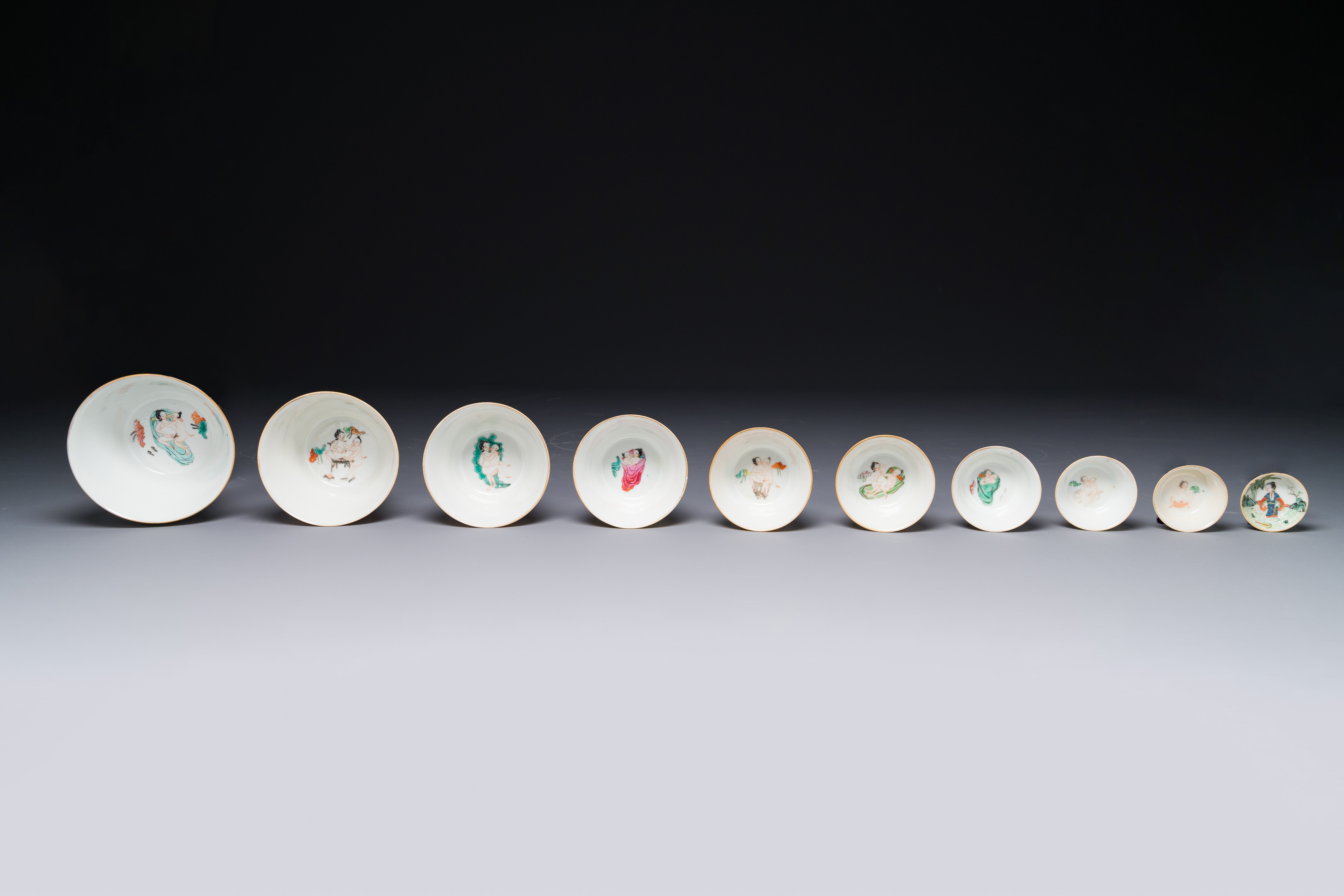 A rare set of ten Chinese famille rose 'erotic' nesting bowls, Daoguang mark and of the period - Image 6 of 17