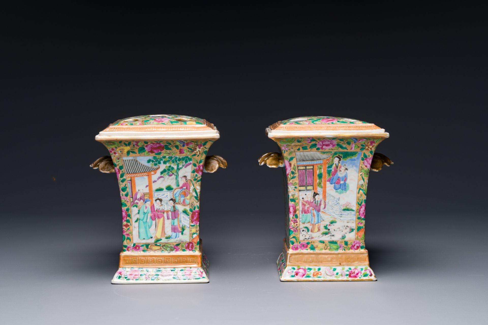 A pair of Chinese Canton famille rose bough pots and covers, 19th C. - Image 4 of 7