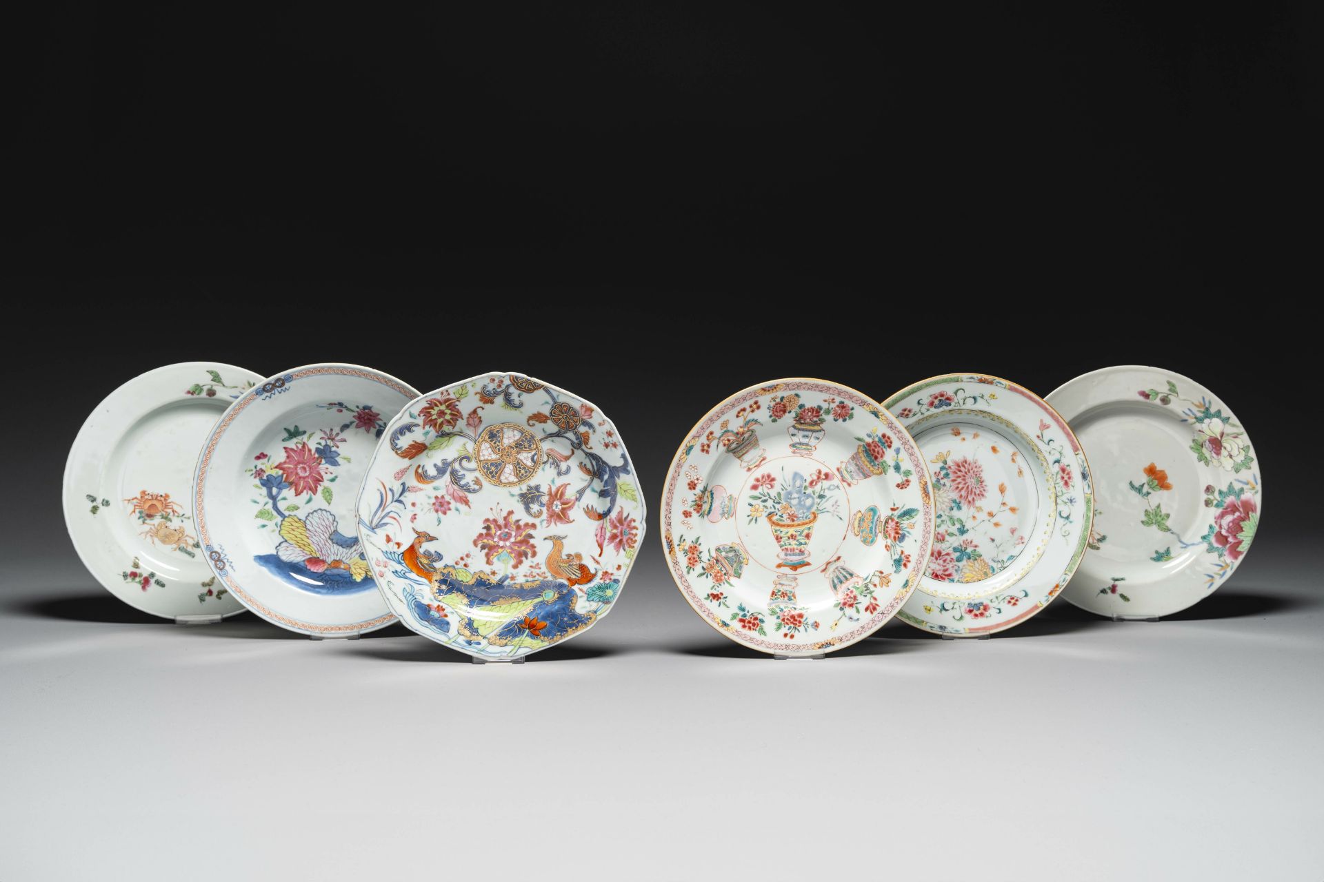 Six Chinese famille rose plates with floral design, Qianlong