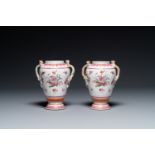 A pair of Chinese famille rose 'cornucopia' vases with chilong handles, Qianlong