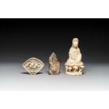 A Chinese soapstone and a crystal figures of Guanyin and a jade 'chilong' plaque, 19th C.